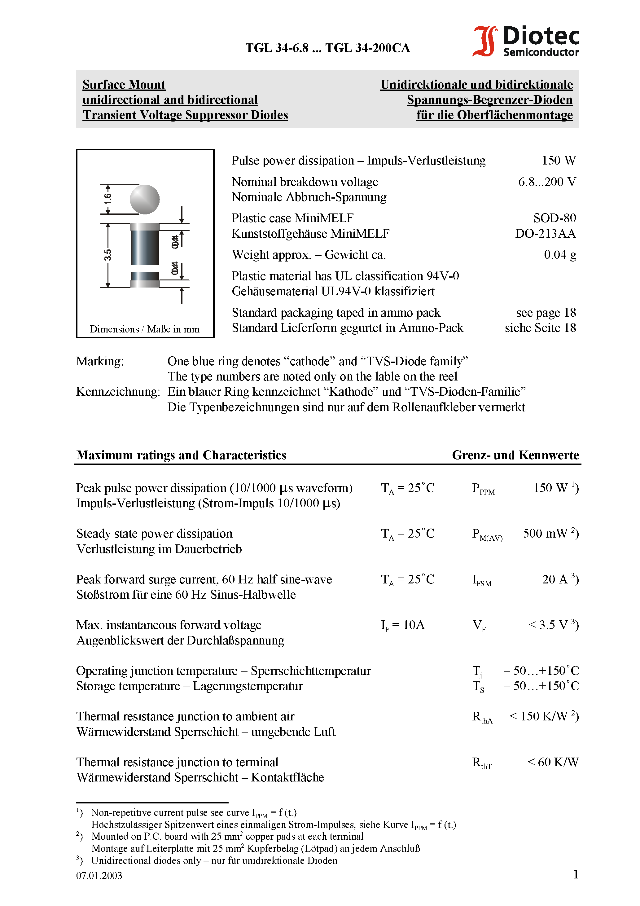 Datasheet TGL34-8.2 - Surface Mount unidirectional and bidirectional Transient Voltage Suppressor Diodes page 1