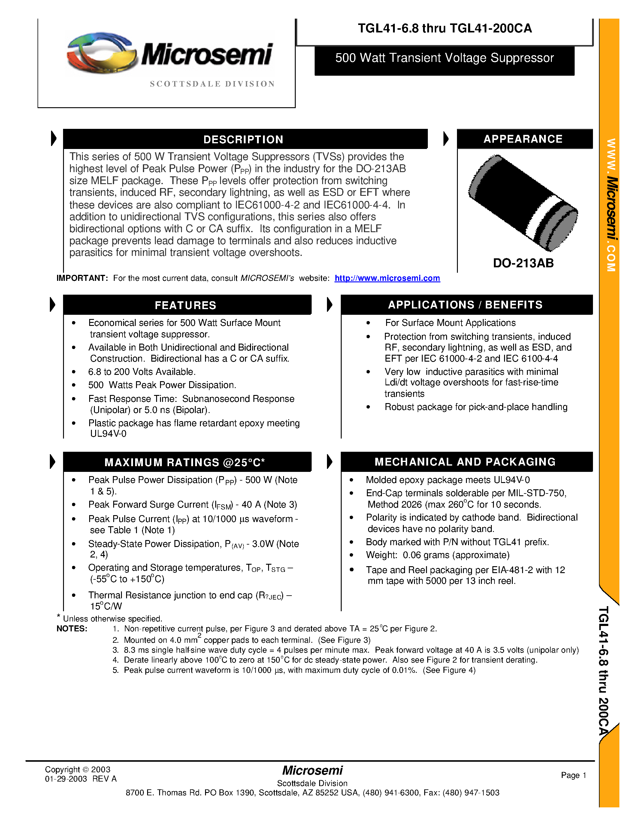Datasheet TGL41-6.8 - 500 Watt Transient Voltage Suppressor page 1