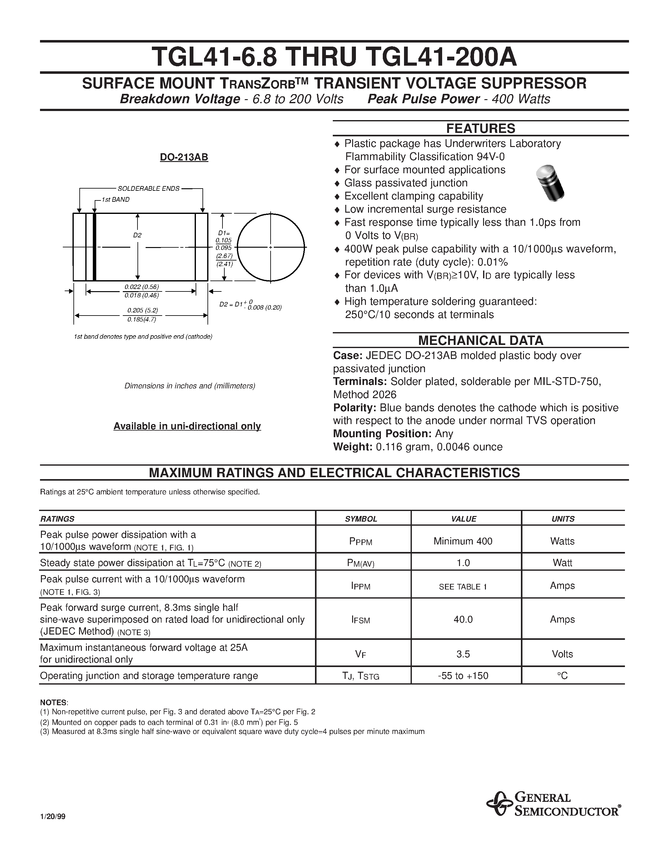 Datasheet TGL41-8.2 - SURFACE MOUNT TRANSZORB TRANSIENT VOLTAGE SUPPRESSOR page 1