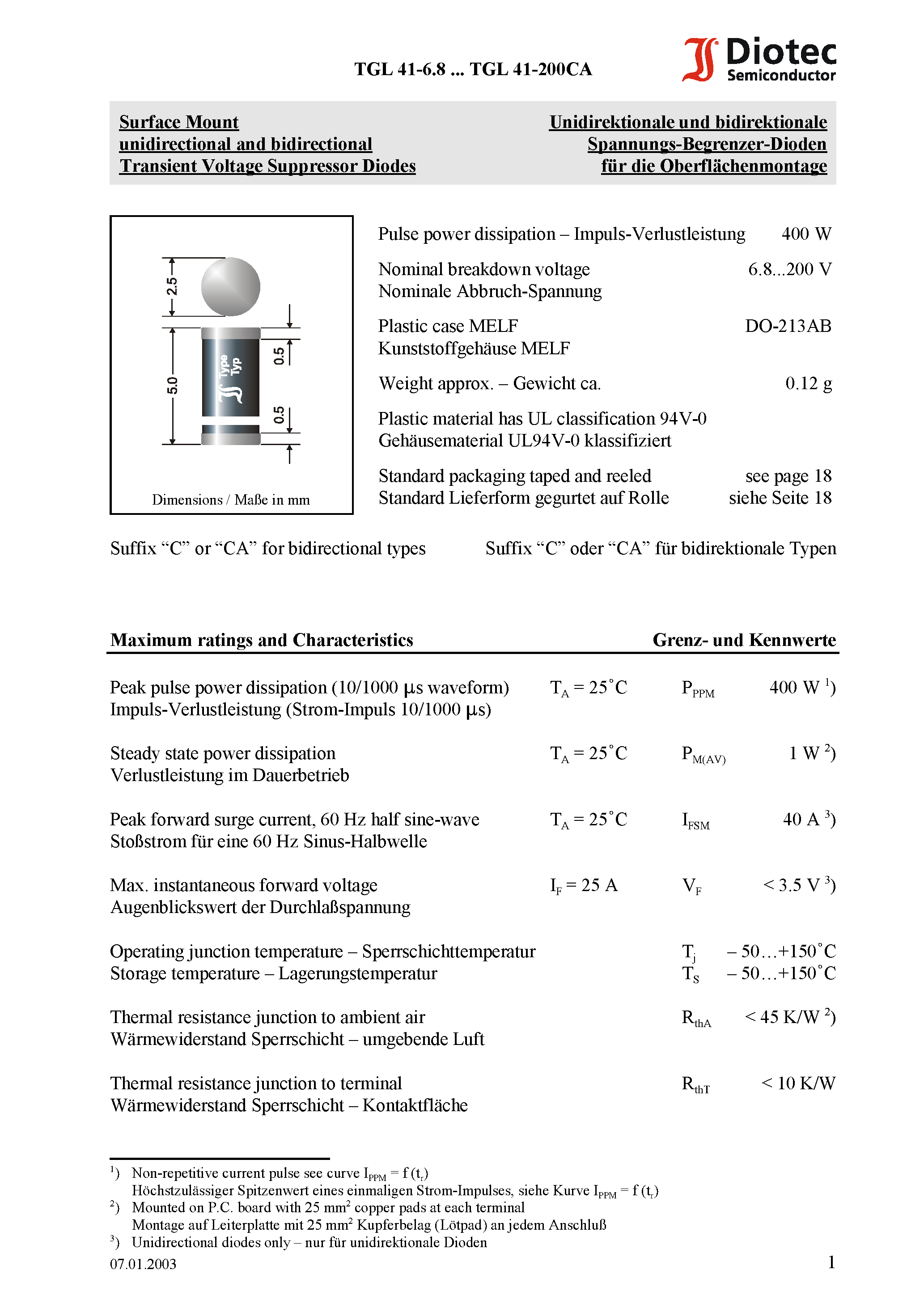 Datasheet TGL41-8.2 - Surface Mount unidirectional and bidirectional Transient Voltage Suppressor Diodes page 1