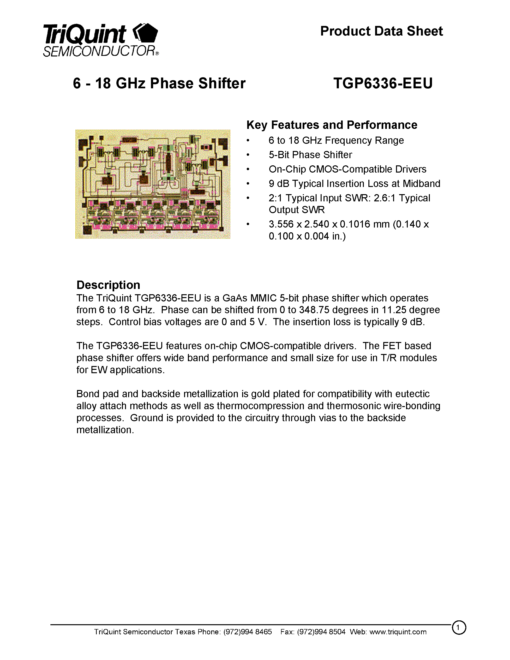 Даташит TGP6336 - 6 - 18 GHz Phase Shifter страница 1