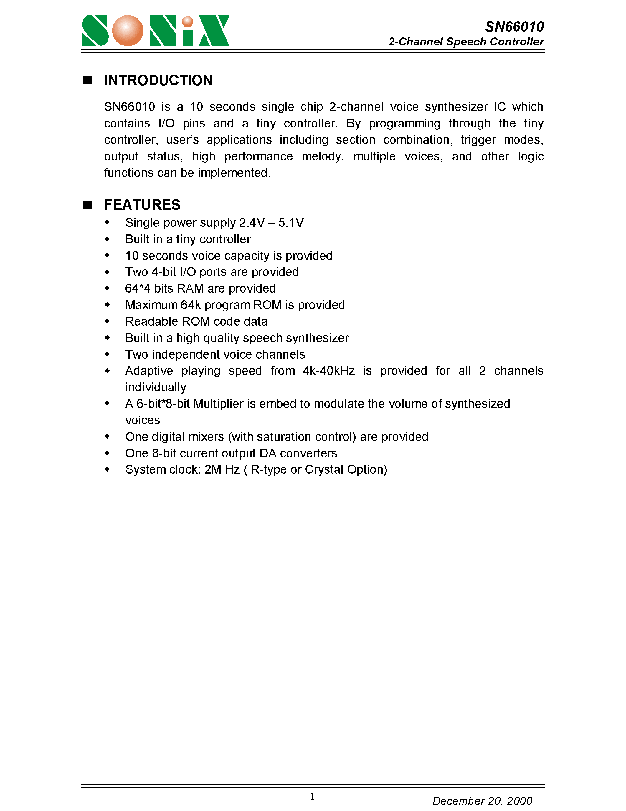 Даташит SN66010 - 2-Channel Speech Controller страница 1