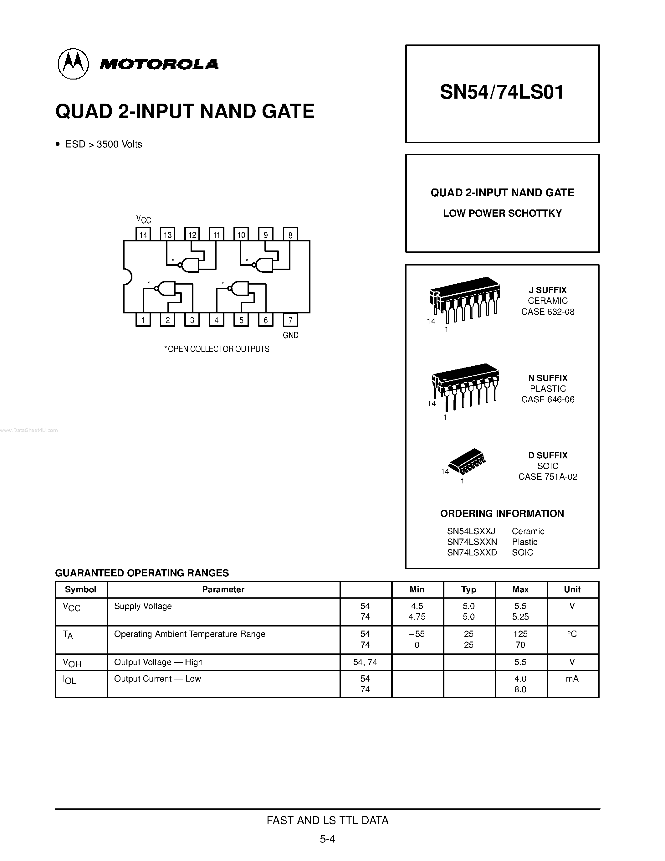 Даташит SN54LS01 - QUAD 2-INPUT NAND GATE страница 1