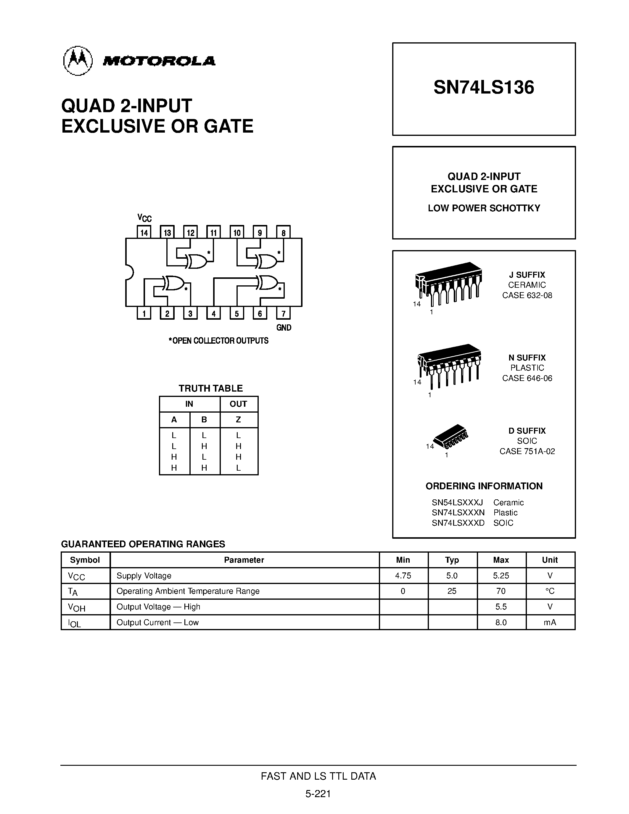 Даташит SN54LS136J - QUAD 2-INPUT EXCLUSIVE OR GATE страница 1