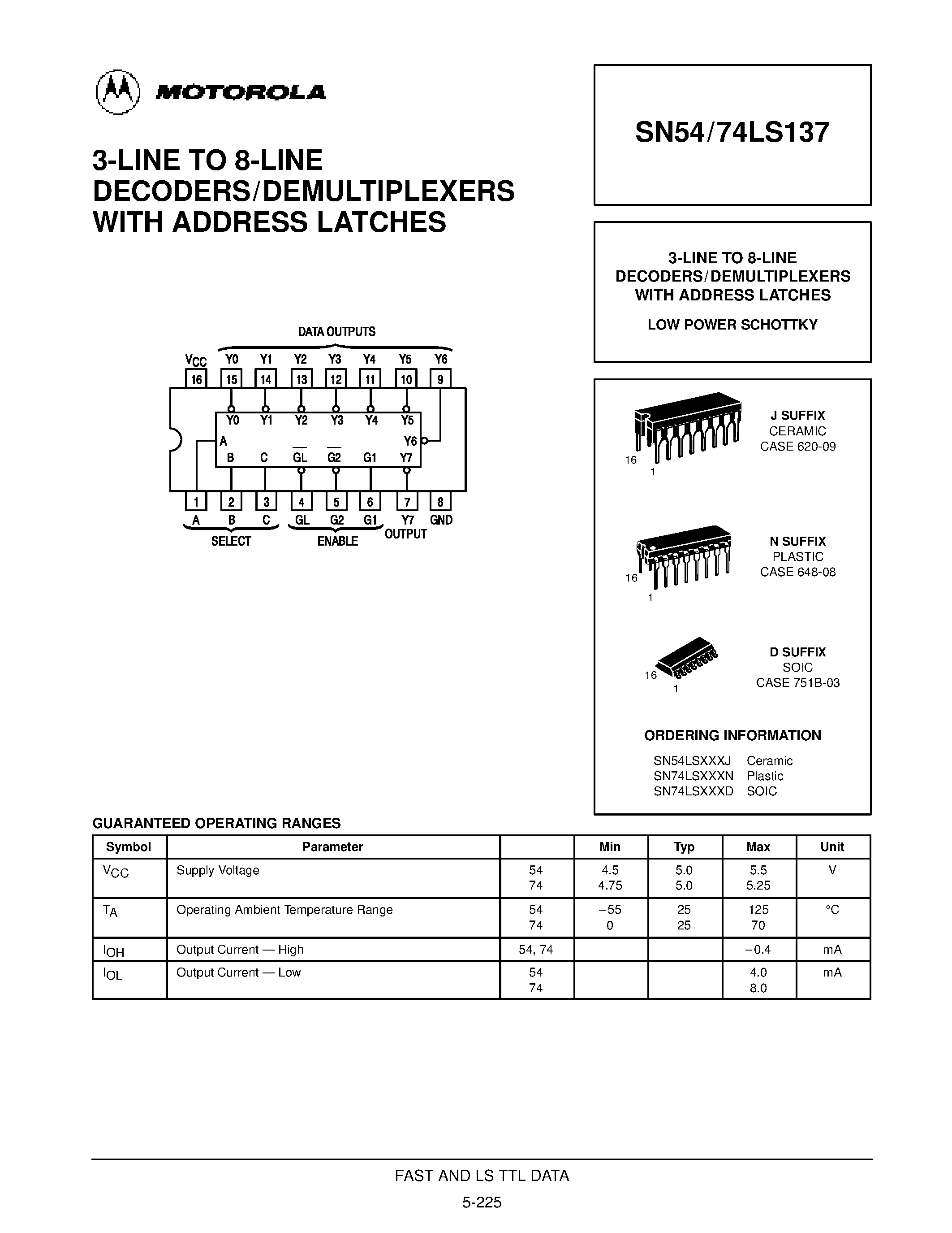 Даташит SN54LS137 - 3-LINE TO 8-LINE DECODERS/DEMULTIPLEXERS WITH ADDRESS LATCHES страница 1