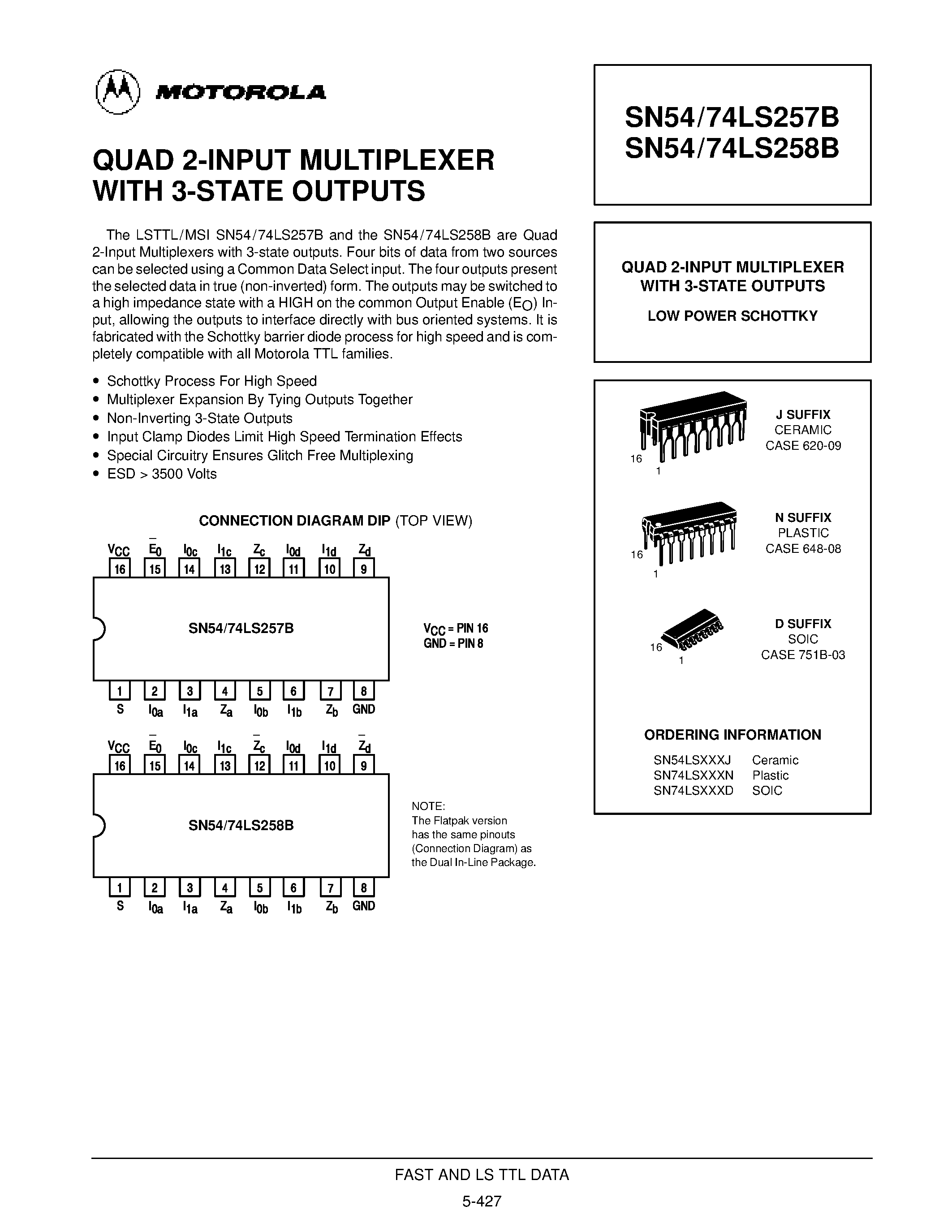 Даташит SN54LS257 - QUAD 2-INPUT MULTIPLEXER WITH 3-STATE OUTPUTS страница 1