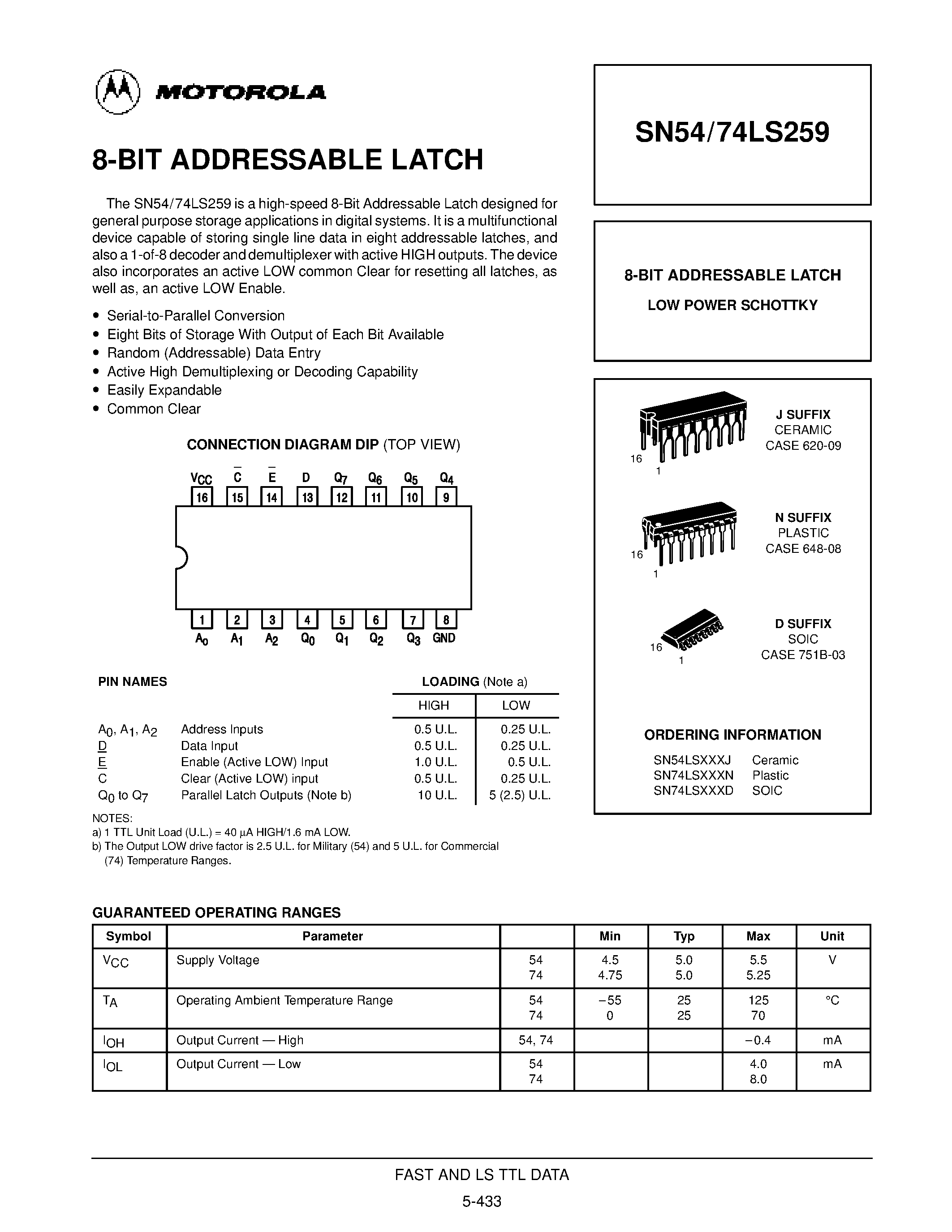 Даташит SN54LS259J - 8-BIT ADDRESSABLE LATCH страница 1