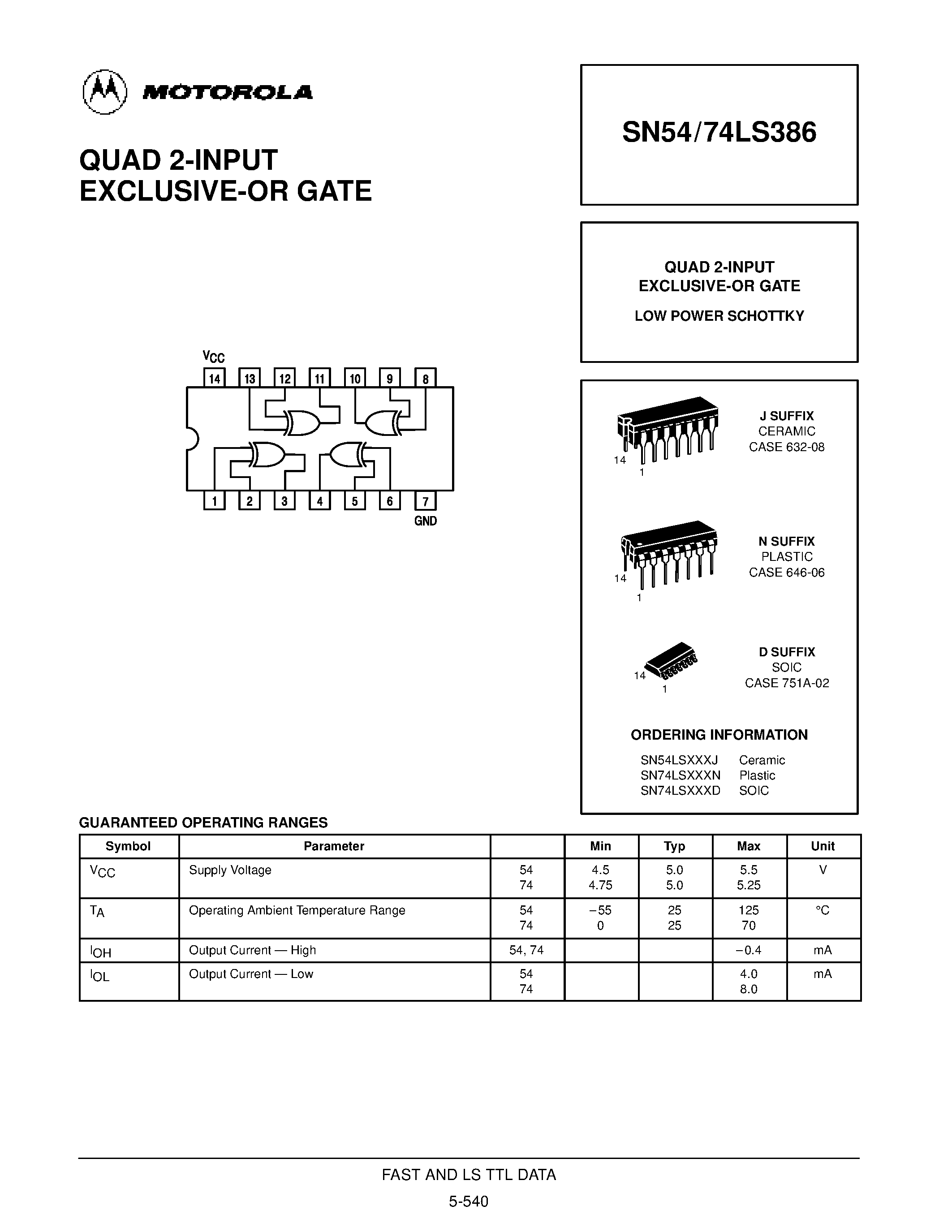 Даташит SN54LS386 - QUAD 2-INPUT EXCLUSIVE-OR GATE страница 1