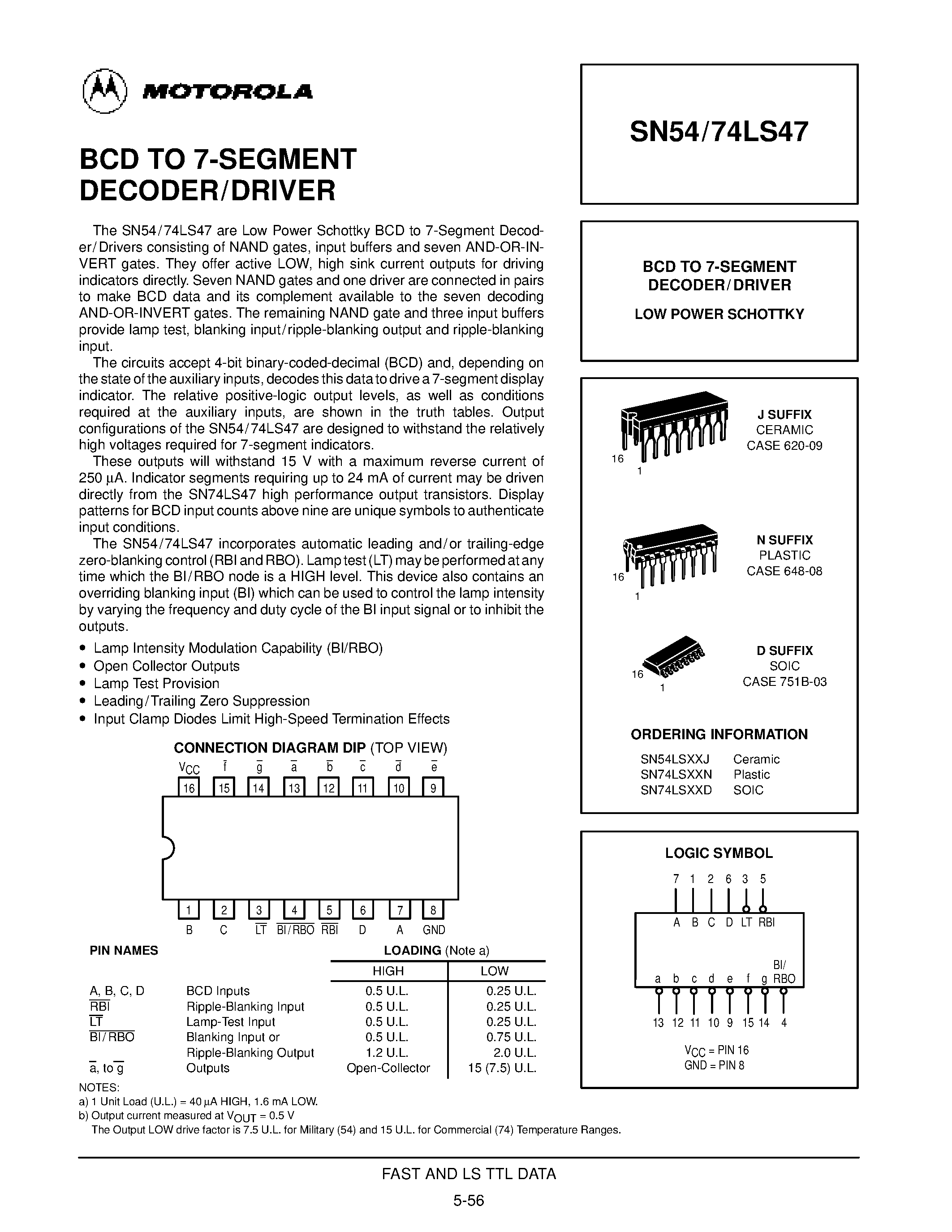 Даташит SN54LS47 - BCD TO 7-SEGMENT DECODER/DRIVER страница 1