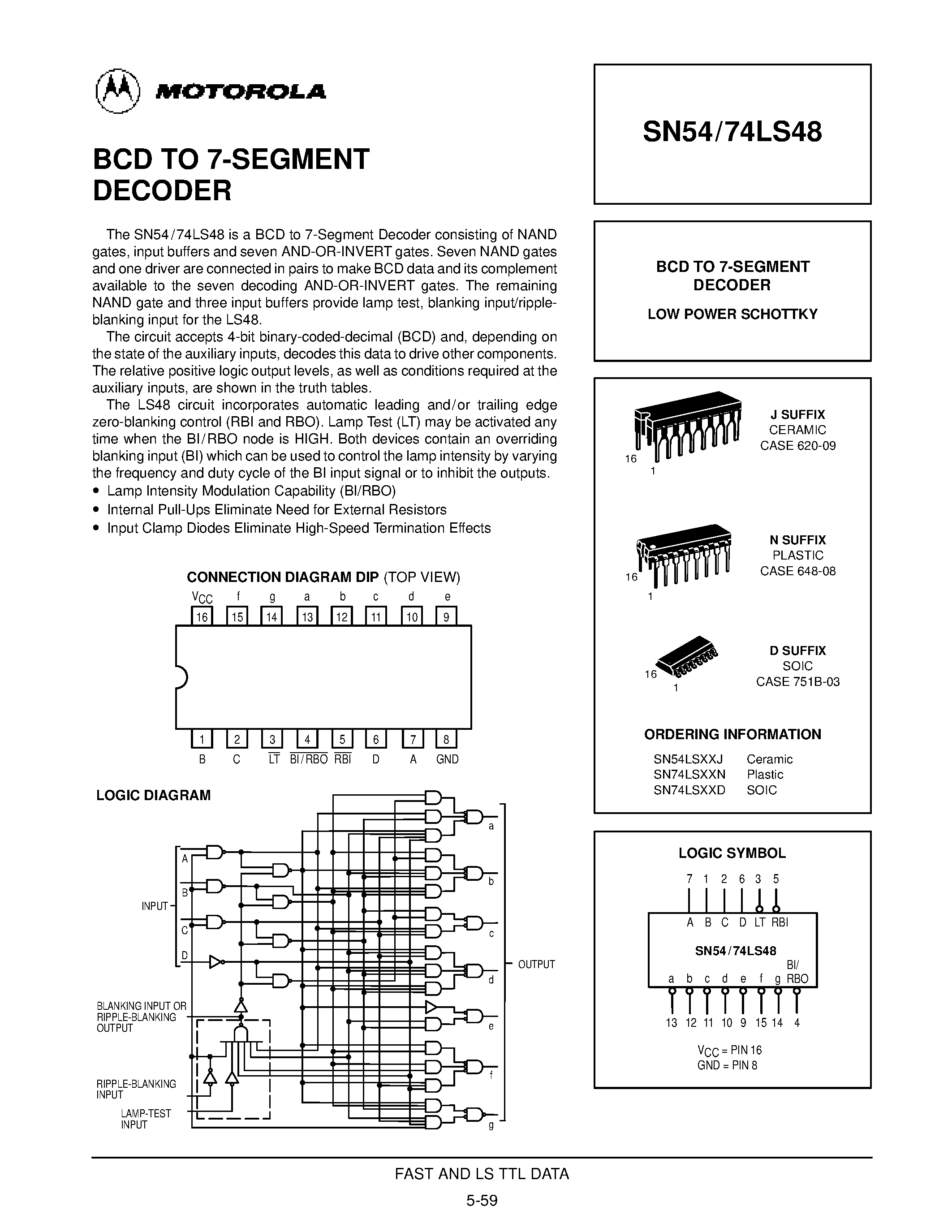 Даташит SN54LS48 - BCD TO 7-SEGMENT DECODER страница 1