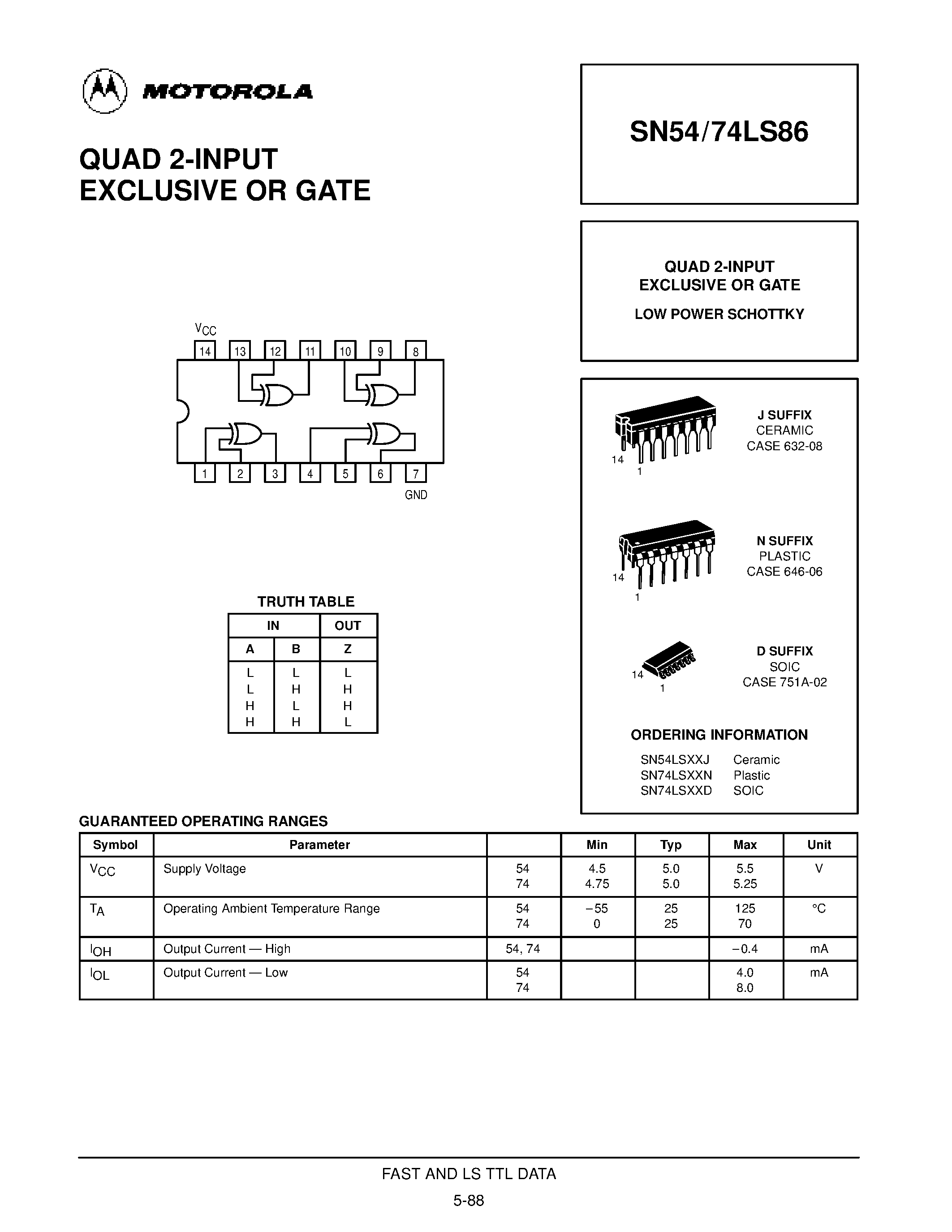 Даташит SN54LS86 - QUAD 2-INPUT EXCLUSIVE OR GATE страница 1