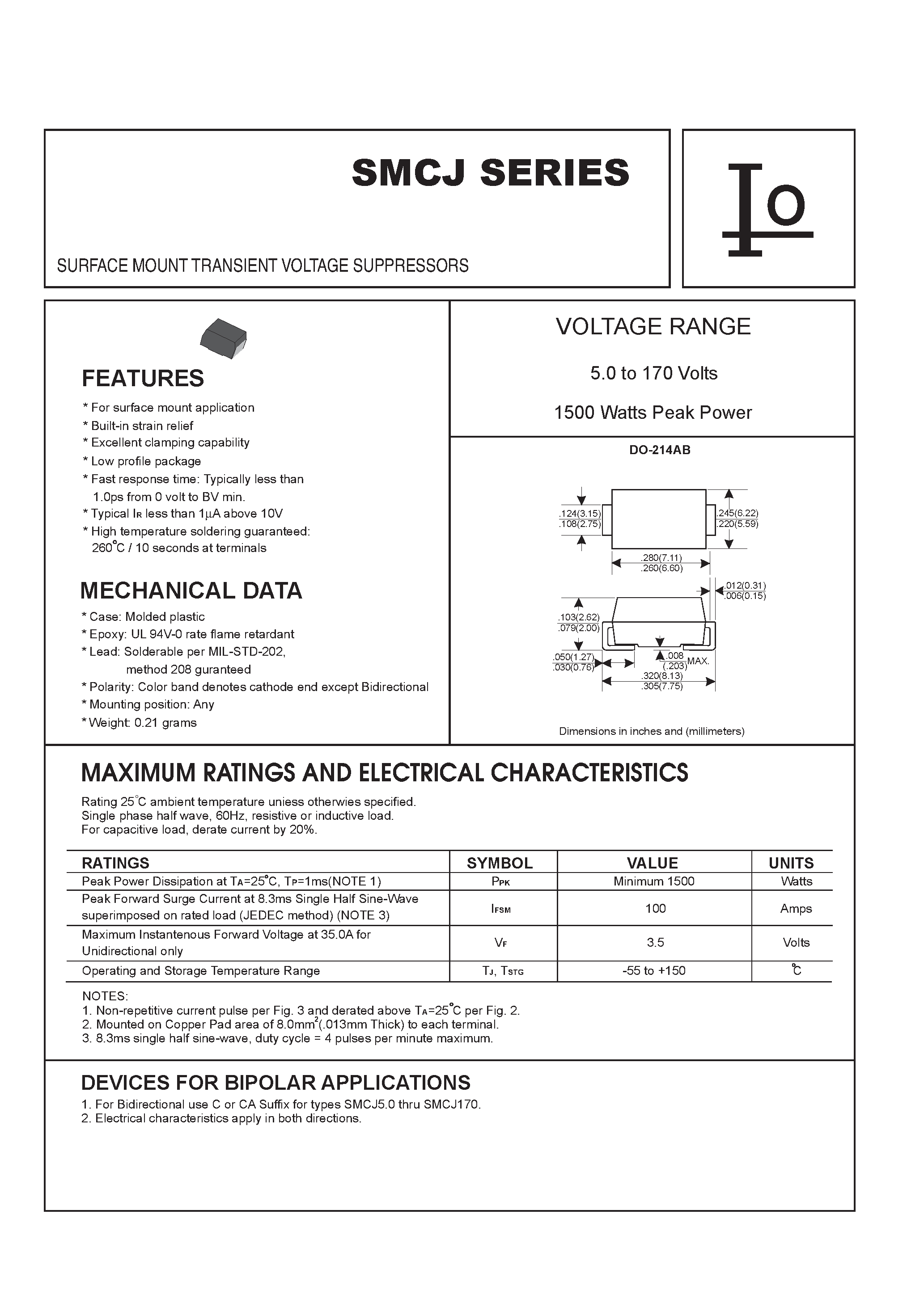 Datasheet SMCJ5.0(C) - SURFACE MOUNT TRANSIENT VOLTAGE SUPPRESSORS page 1