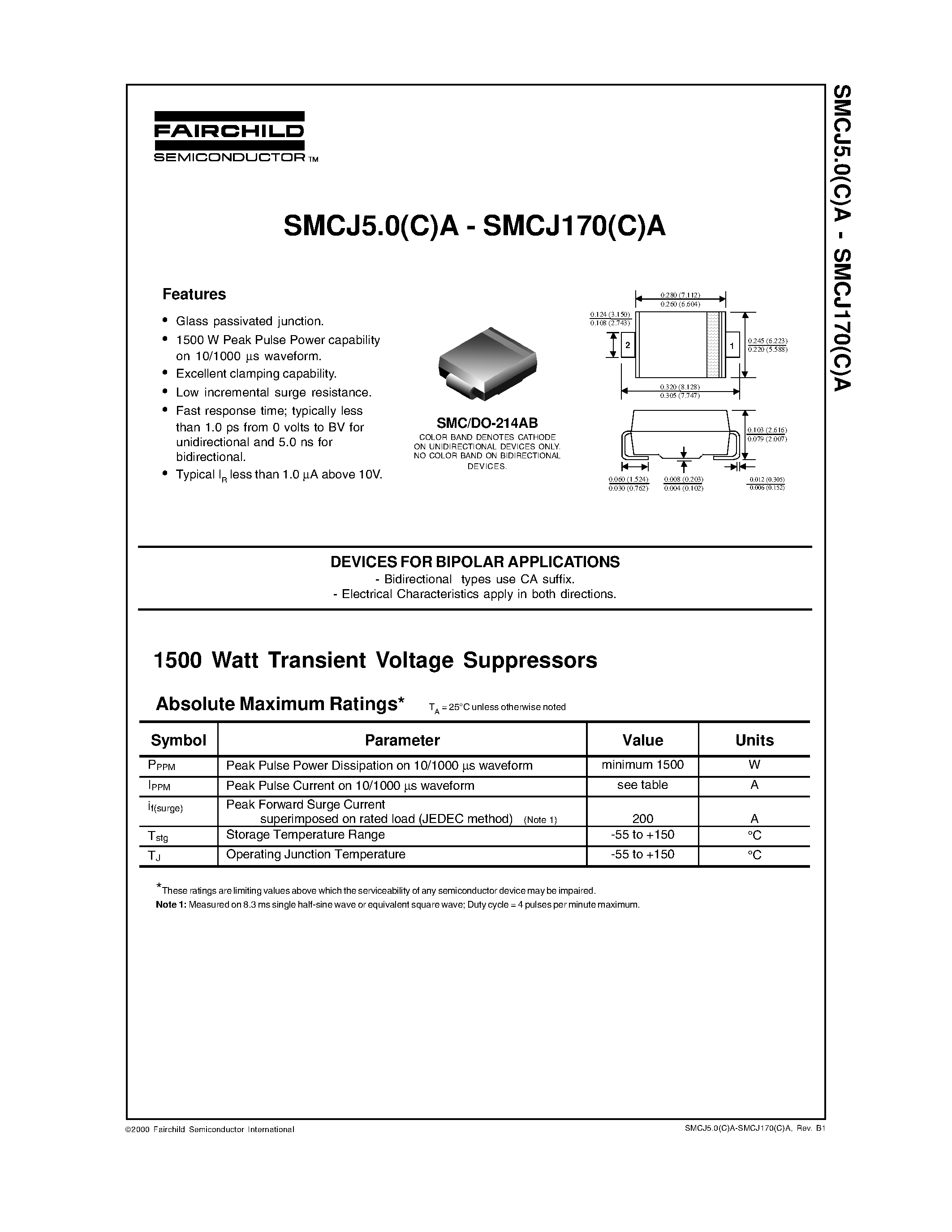 Datasheet SMCJ5.0(C)A - DEVICES FOR BIPOLAR APPLICATIONS page 1