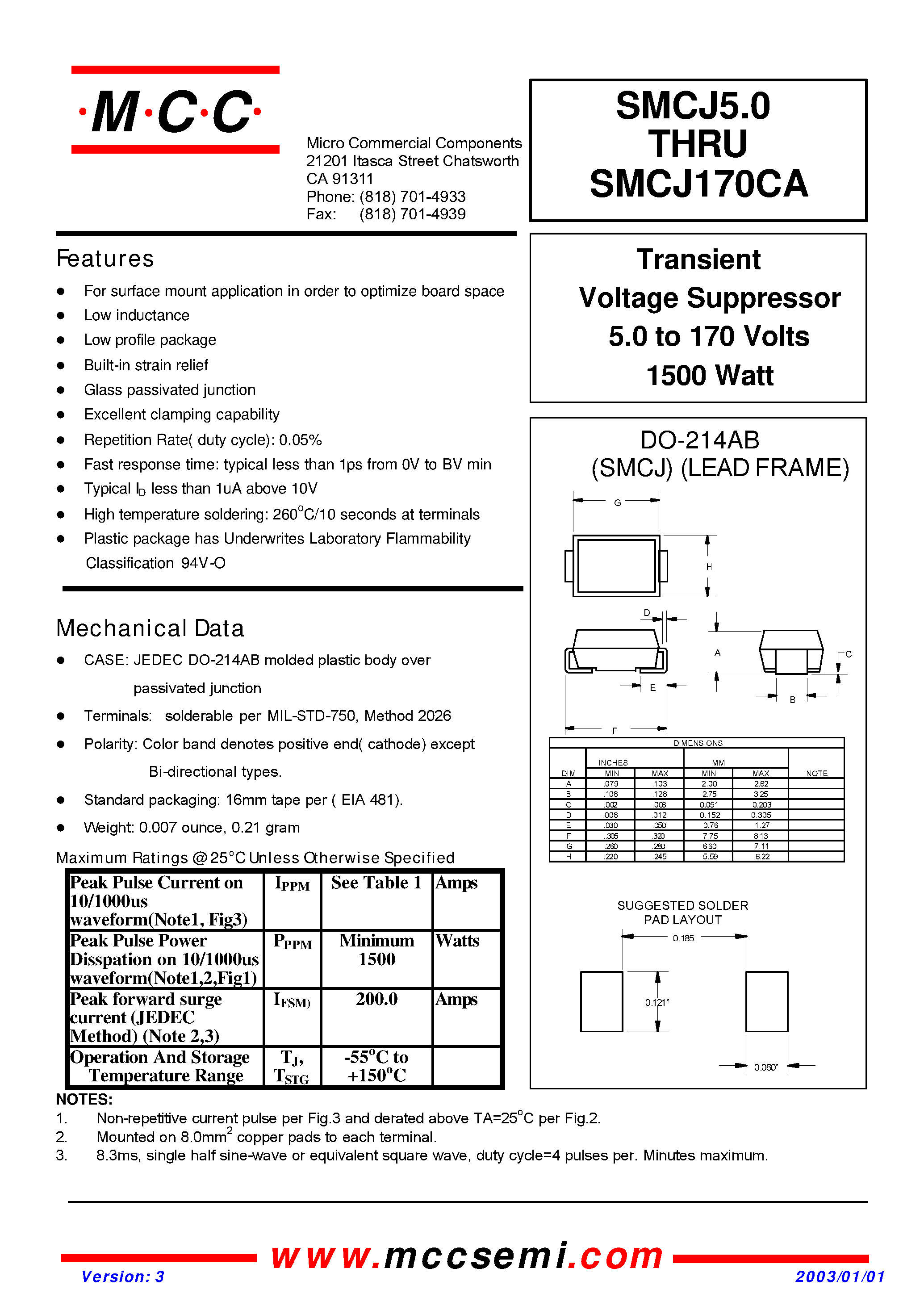 Даташит SMCJ6.0 - Transient Voltage Suppressor 5.0 to 170 Volts 1500 Watt страница 1