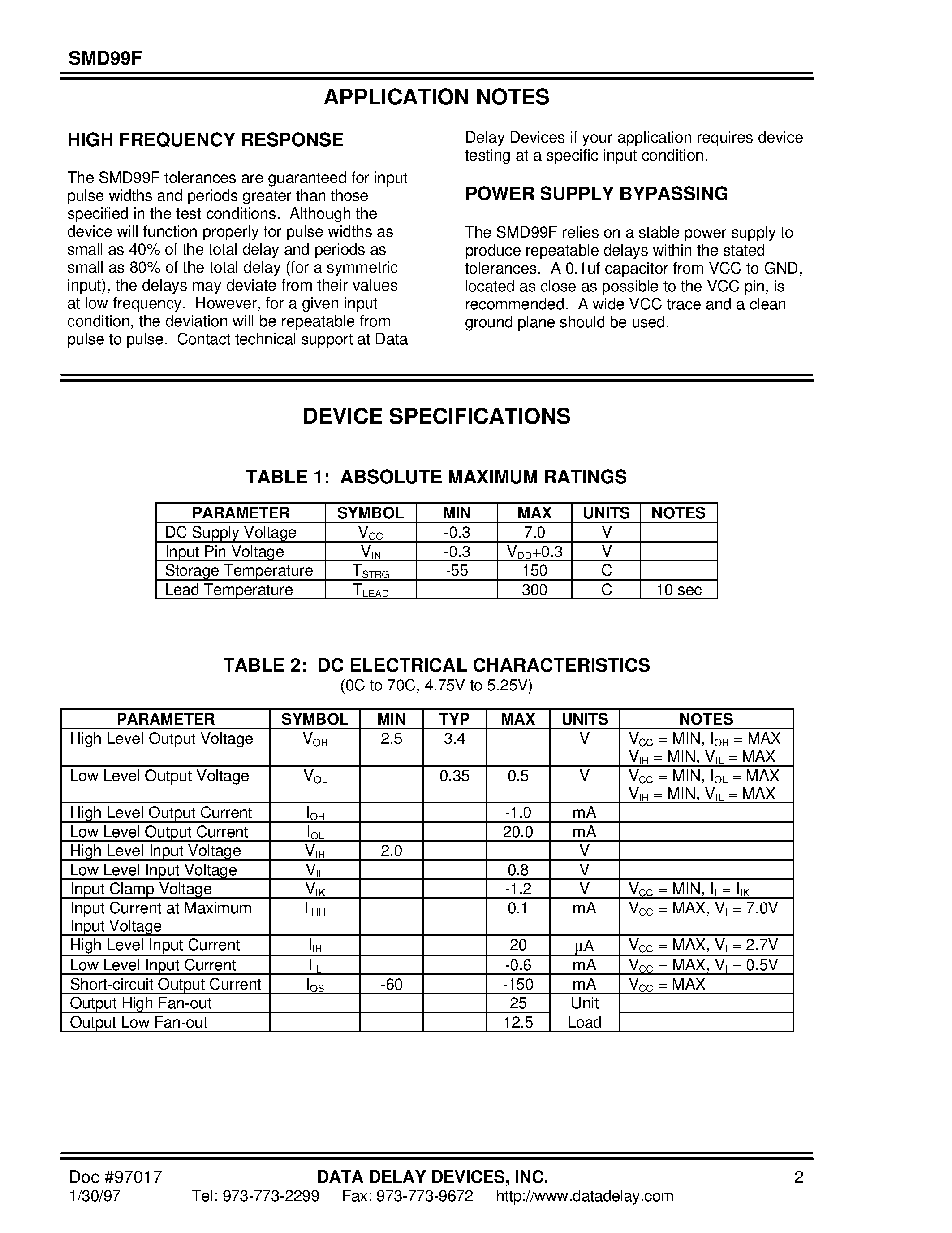 Даташит SMD99F-5004 - 5-TAP/ TTL-INTERFACED FIXED DELAY LINE страница 2