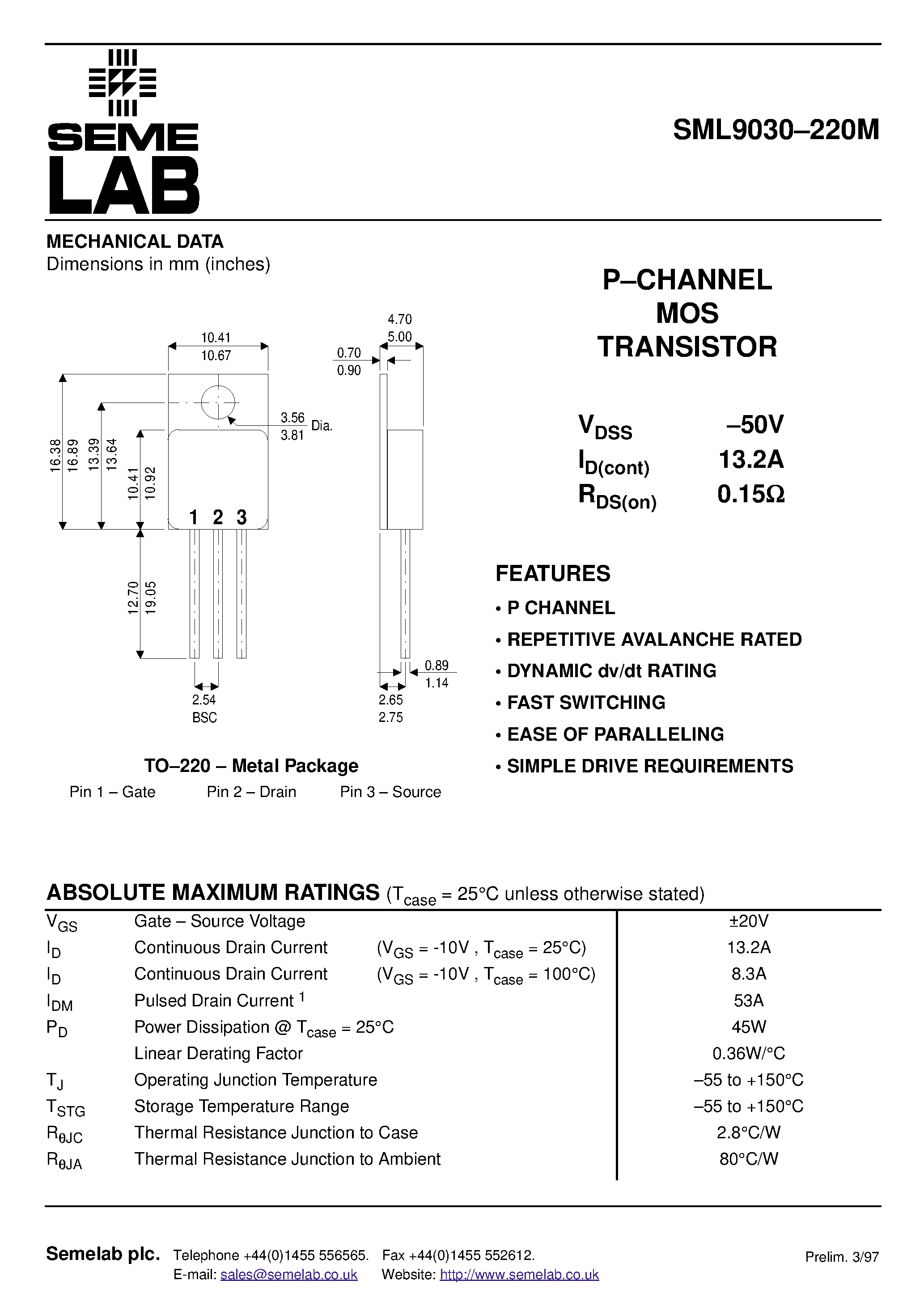 Даташит SML9030-220M - P-CHANNEL MOS TRANSISTOR страница 1