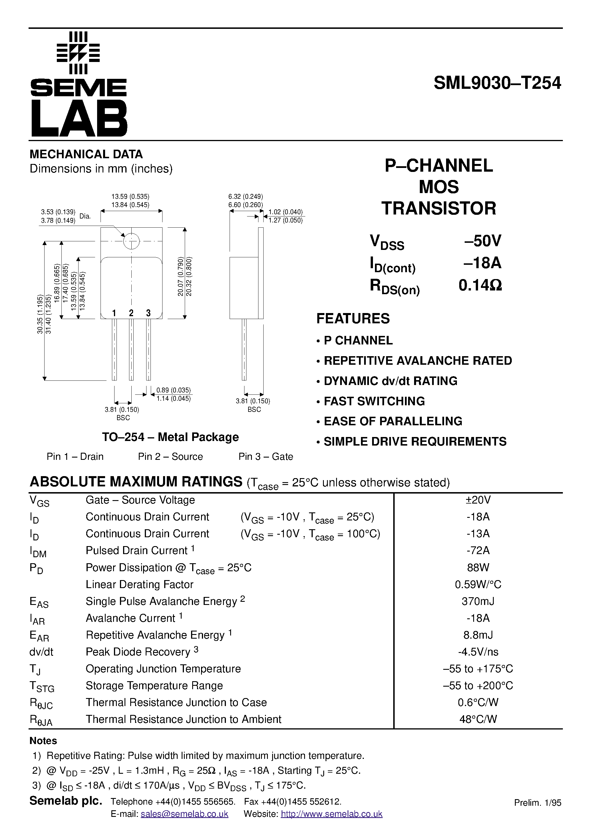 Даташит SML9030-T254 - P-CHANNEL MOS TRANSISTOR страница 1