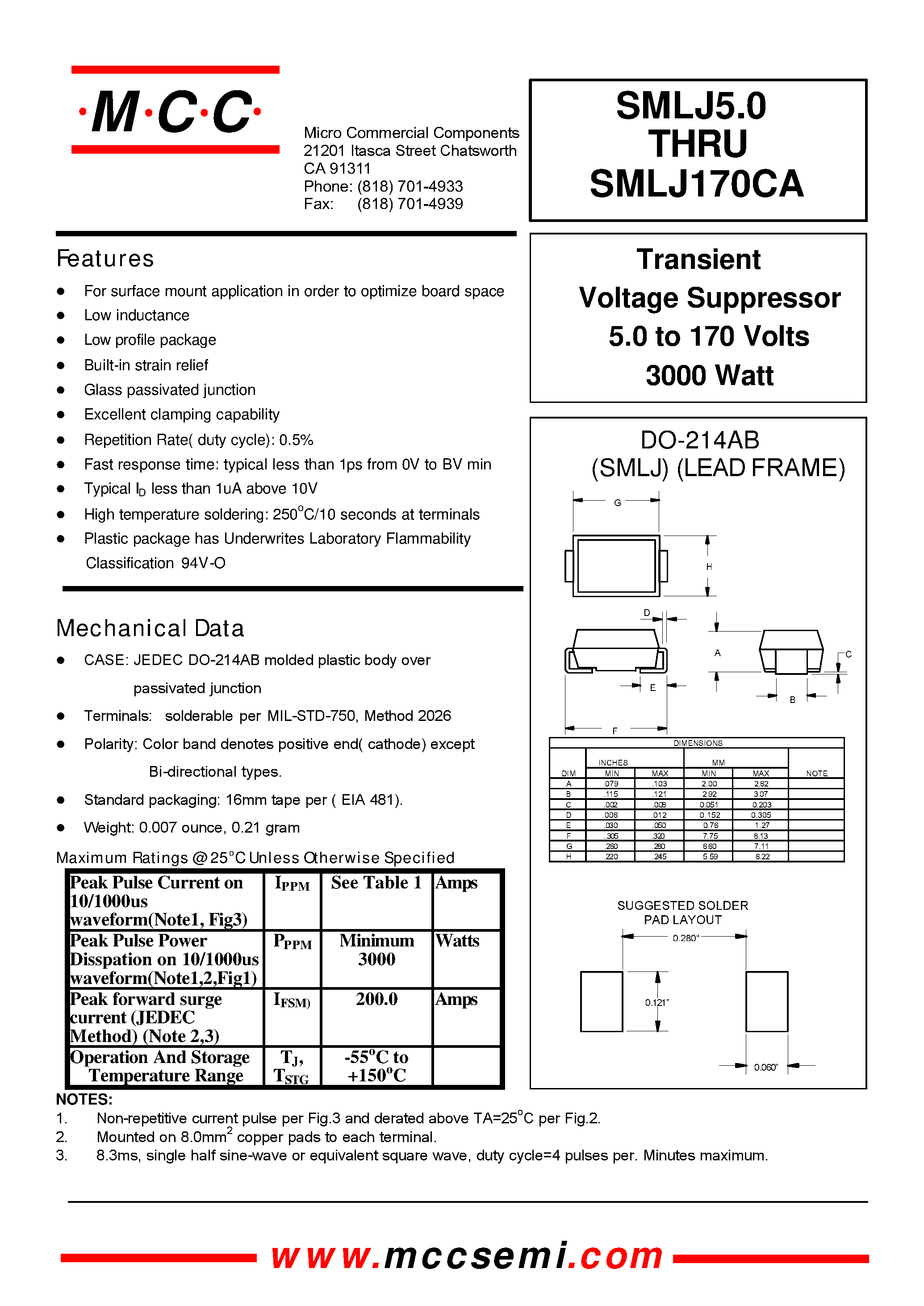 Даташит SMLJ5.0 - Transient Voltage Suppressor 5.0 to 170 Volts 3000 Watt страница 1