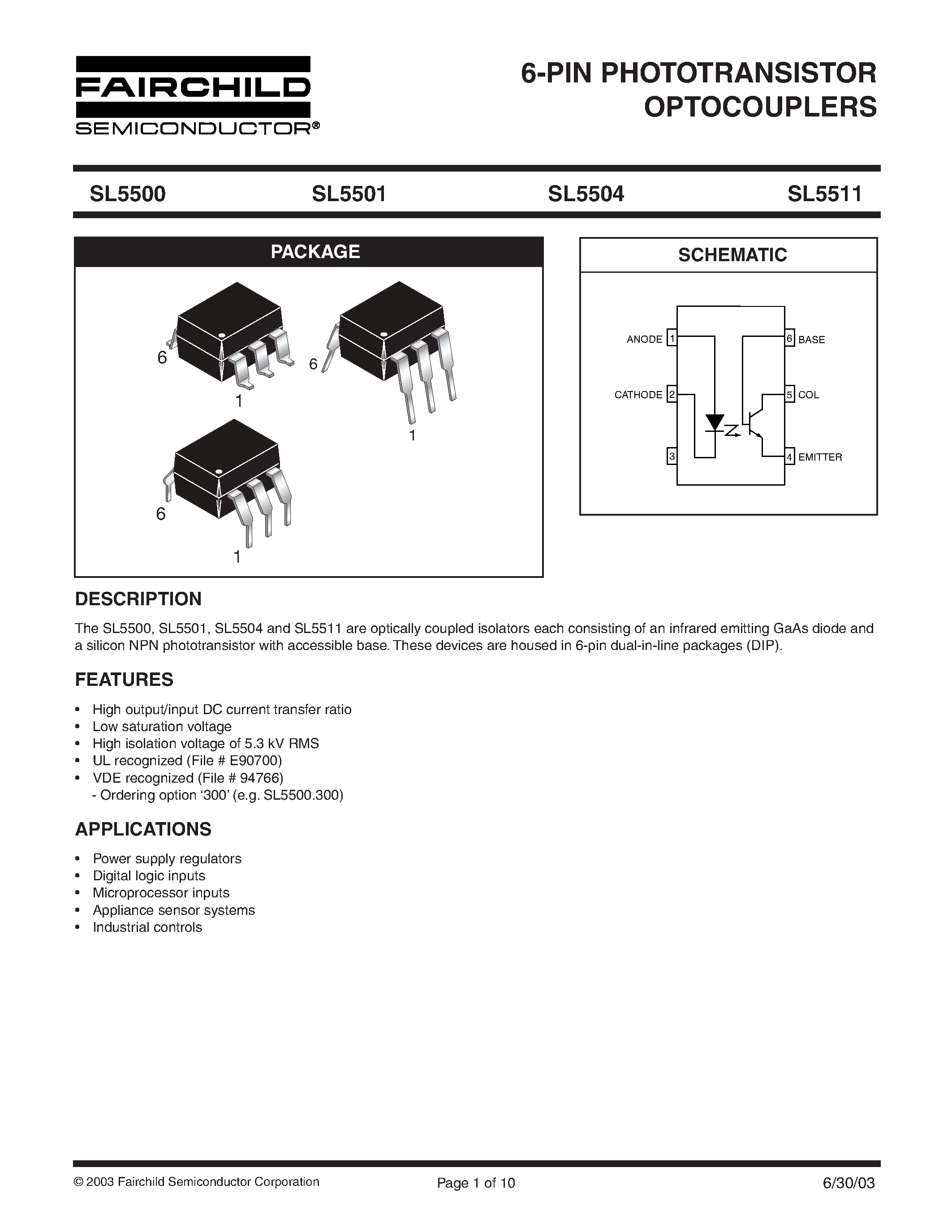 Даташит SL5500 - 6-PIN PHOTOTRANSISTOR OPTOCOUPLERS страница 1