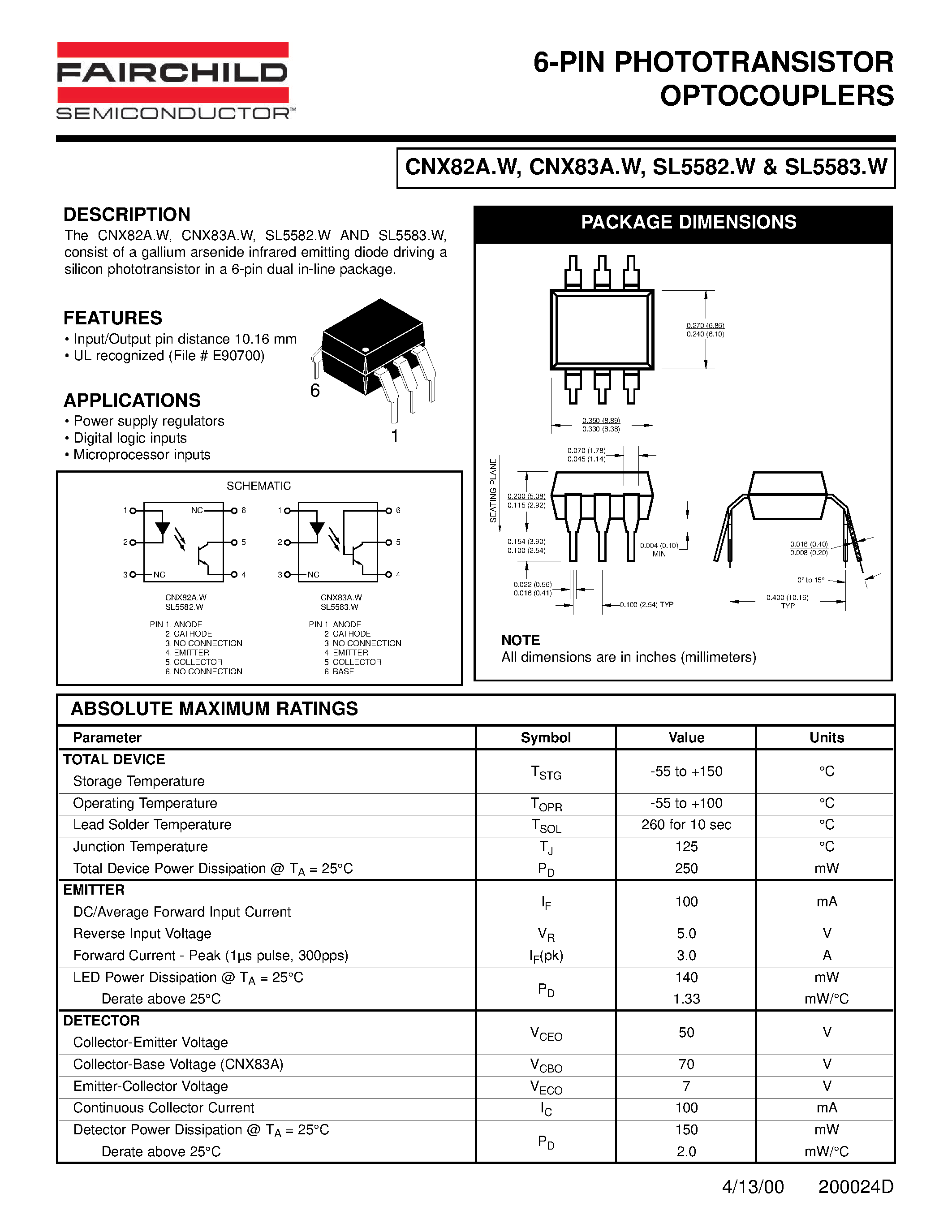 Даташит SL5582.300W - 6-PIN PHOTOTRANSISTOR OPTOCOUPLERS страница 1