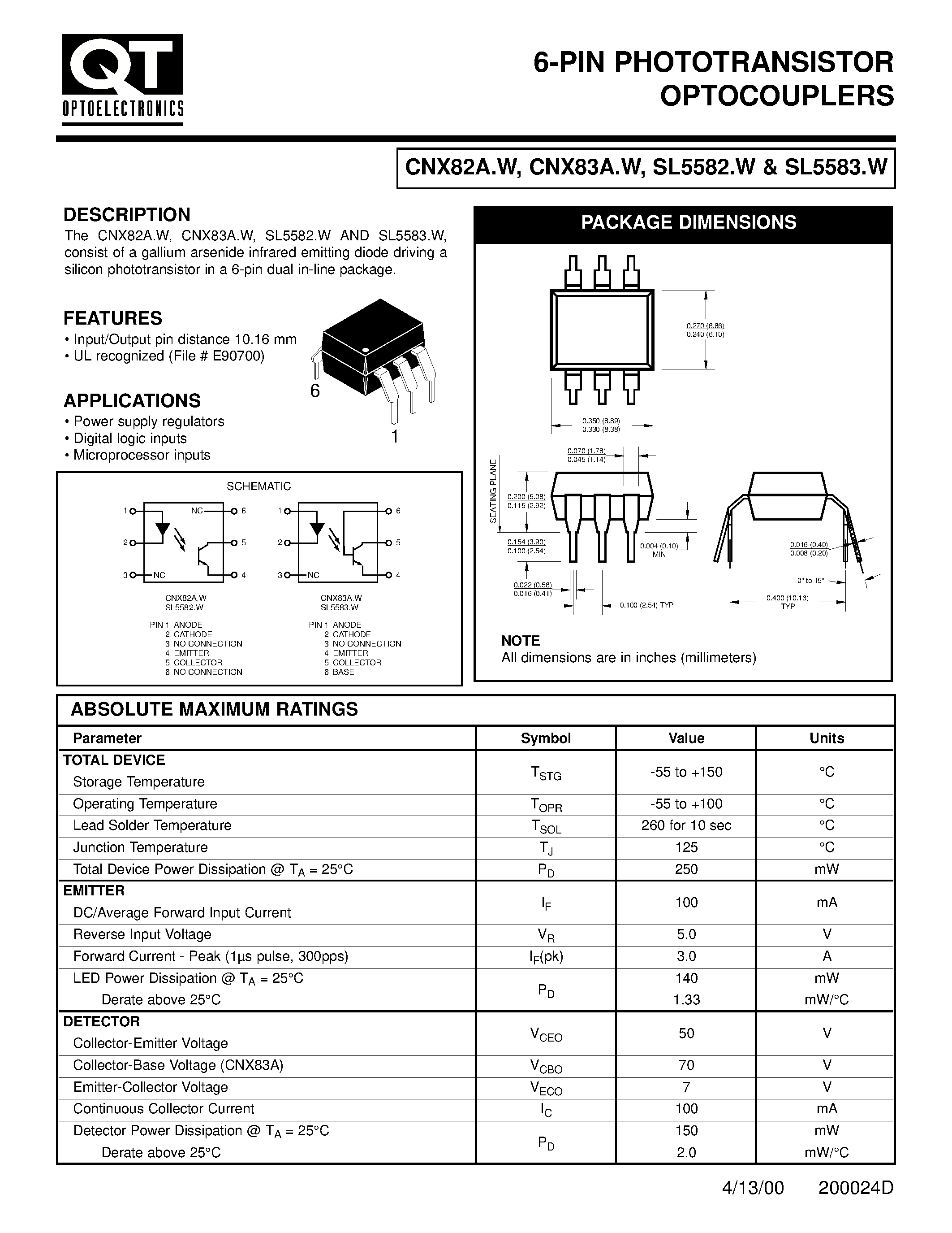 Даташит SL5582.W - 6-pin phototransistor optocouplers страница 1