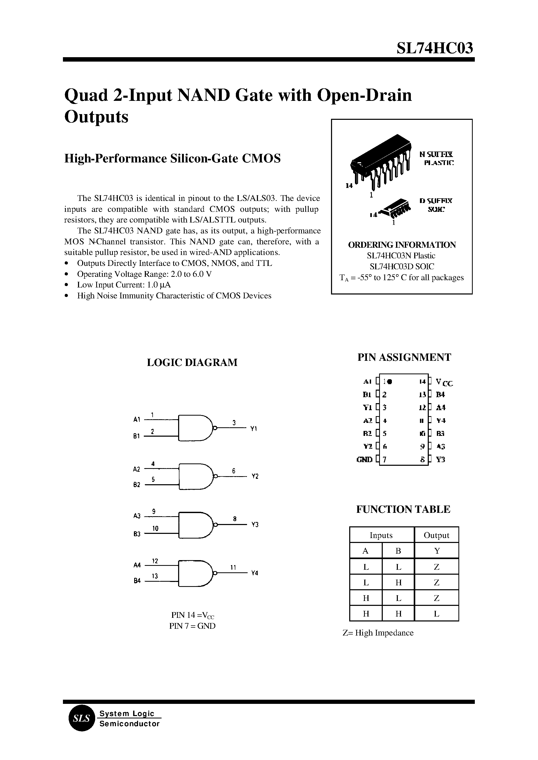 Даташит SL74HC03N - Quad 2-Input NAND Gate with Open-Drain Outputs страница 1