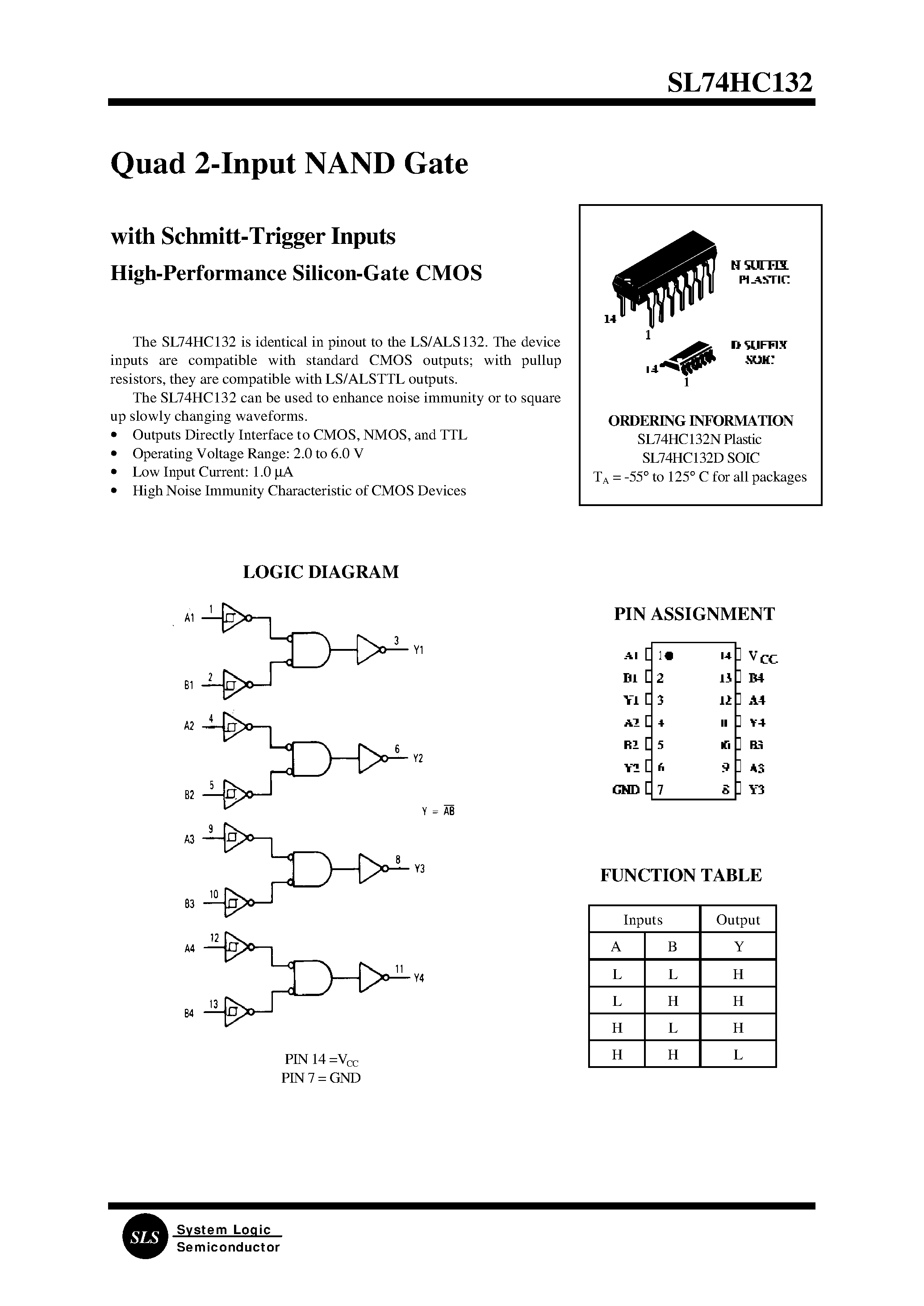 Даташит SL74HC132 - Quad 2-Input NAND Gate страница 1