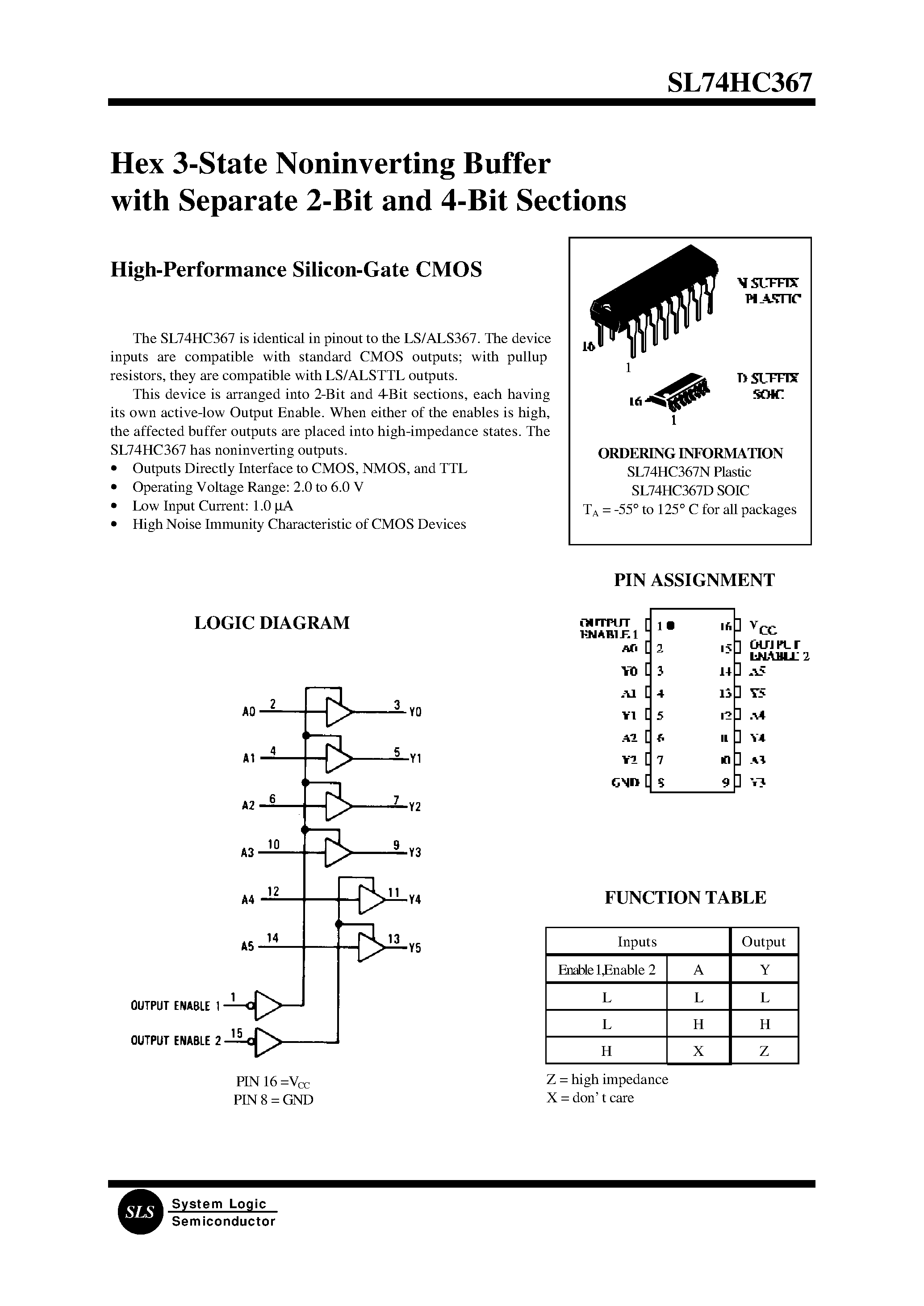 Даташит SL74HC367 - Hex 3-State Noninverting Buffer with Separate 2-Bit and 4-Bit Sections страница 1