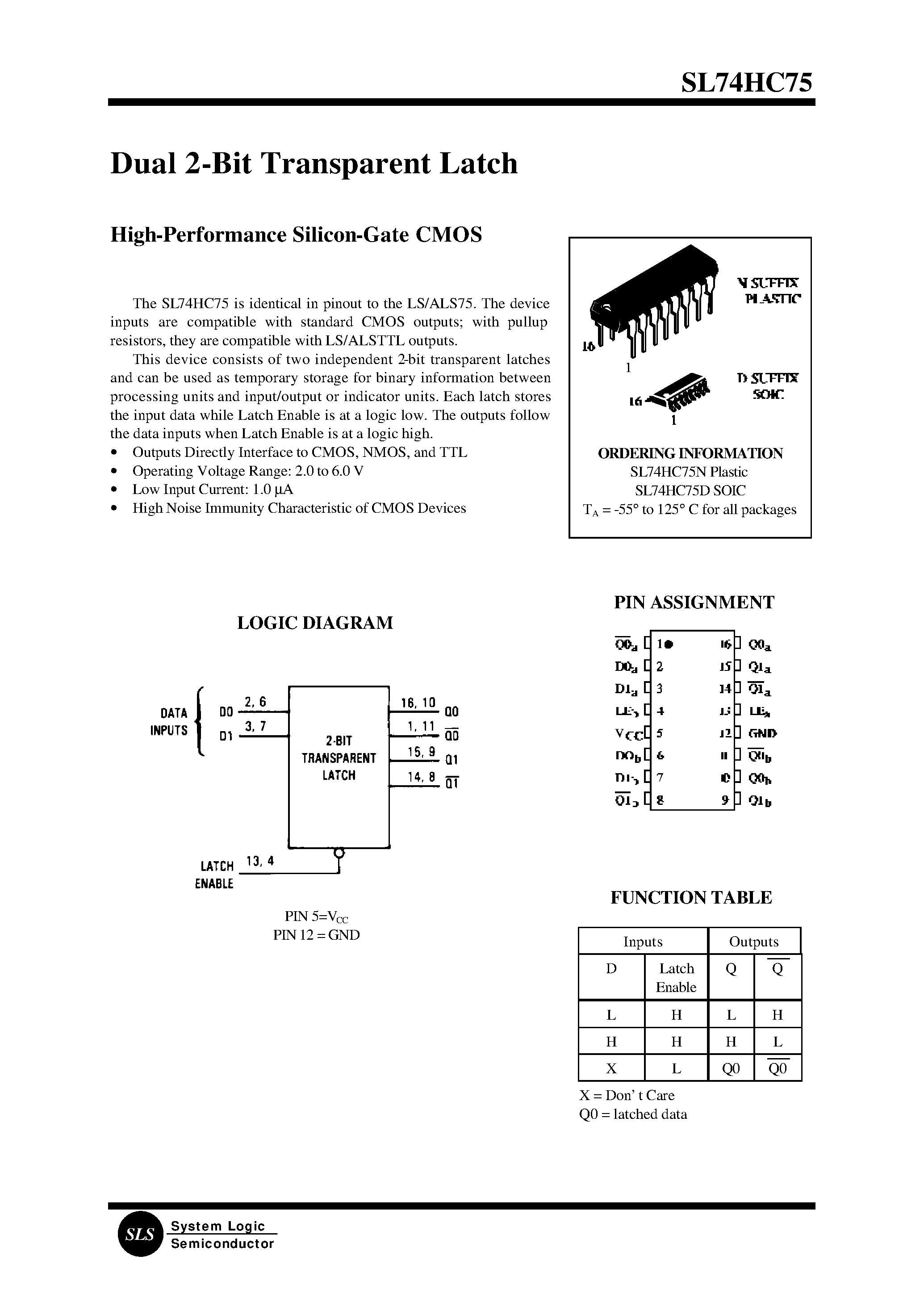 Даташит SL74HC75 - Dual 2-Bit Transparent Latch(High-Performance Silicon-Gate CMOS) страница 1