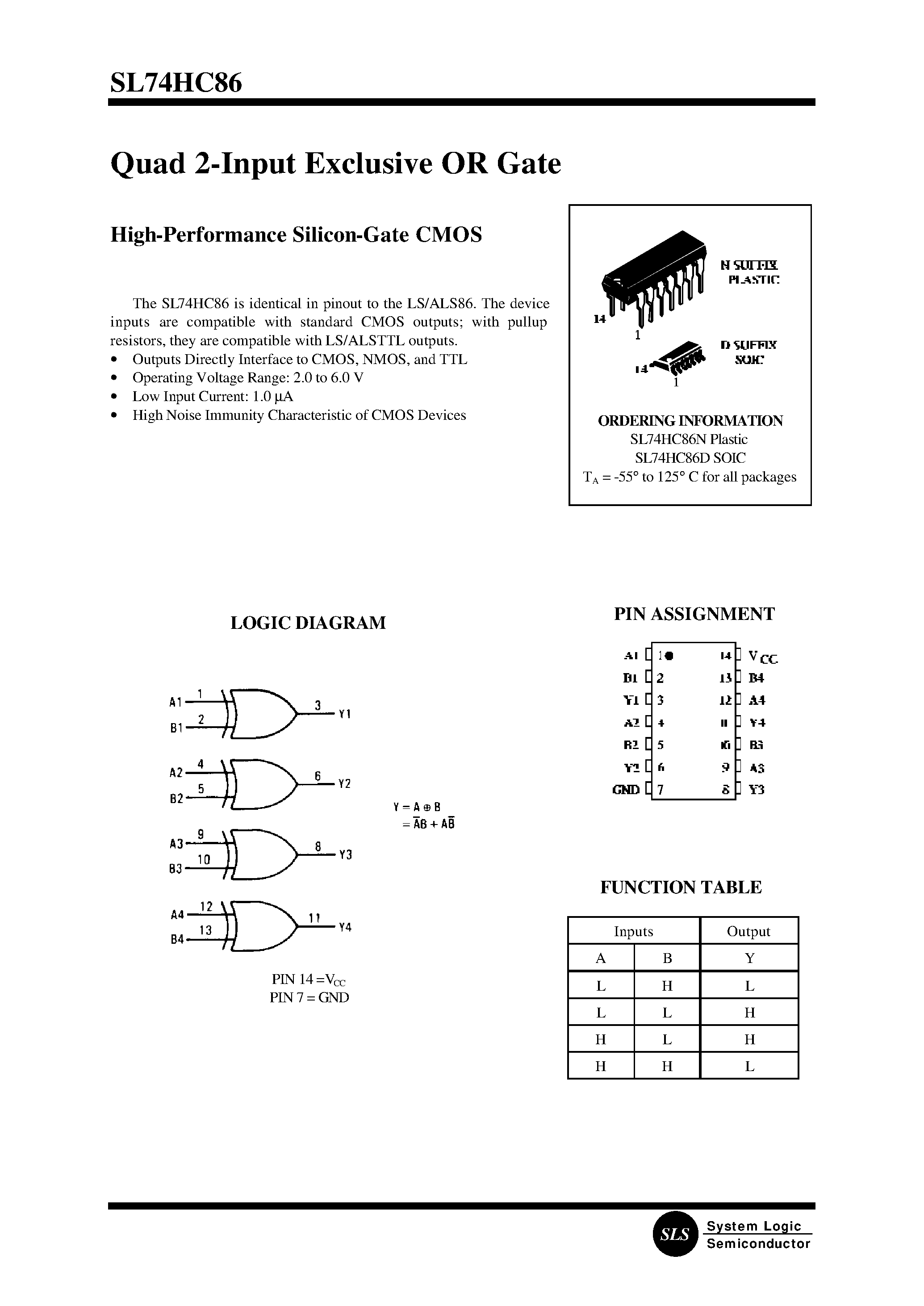 Даташит SL74HC86 - Quad 2-Input Exclusive OR Gate(High-Performance Silicon-Gate CMOS) страница 1