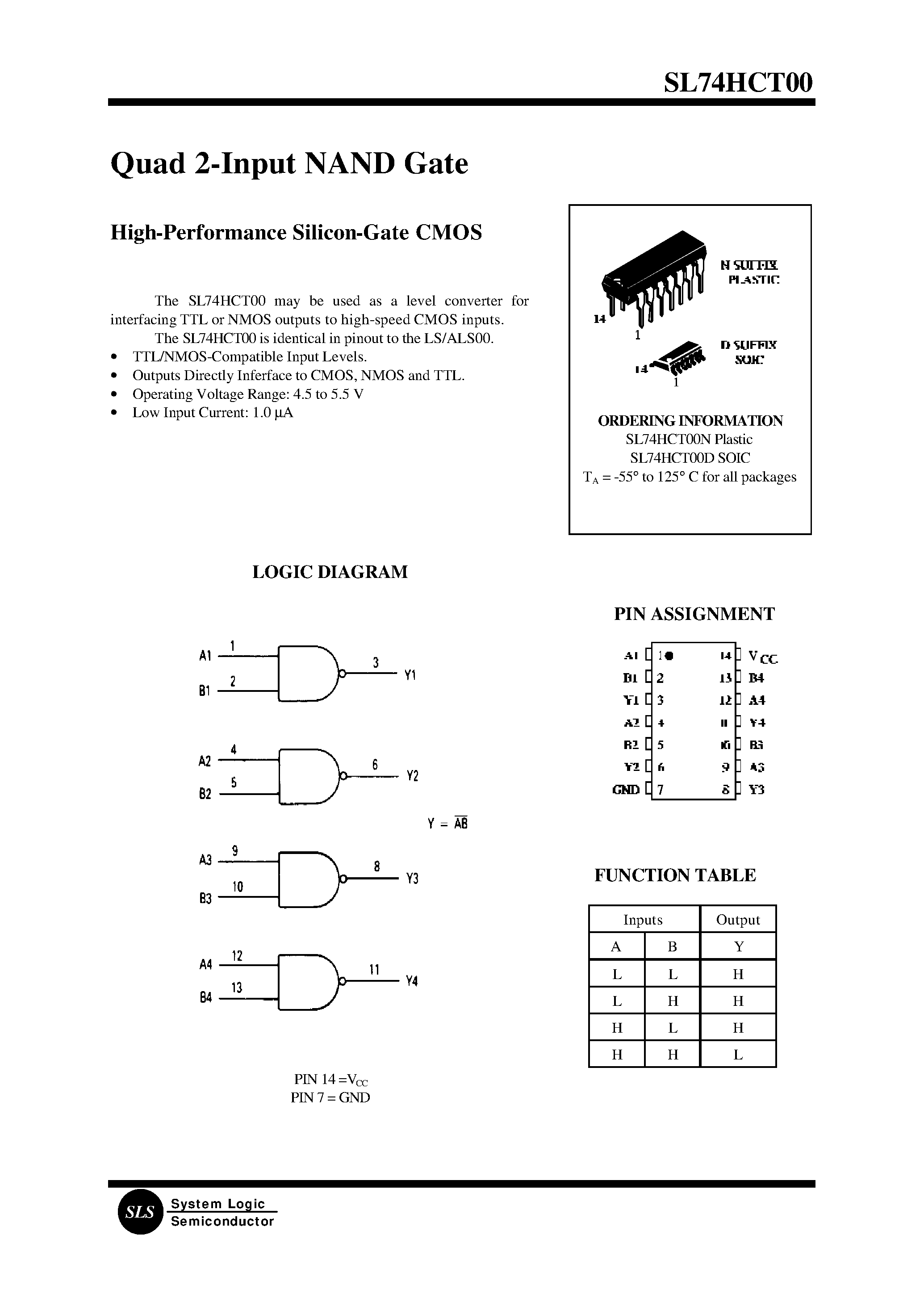 Даташит SL74HCT00 - Quad 2-Input NAND Gate(High-Performance Silicon-Gate CMOS) страница 1