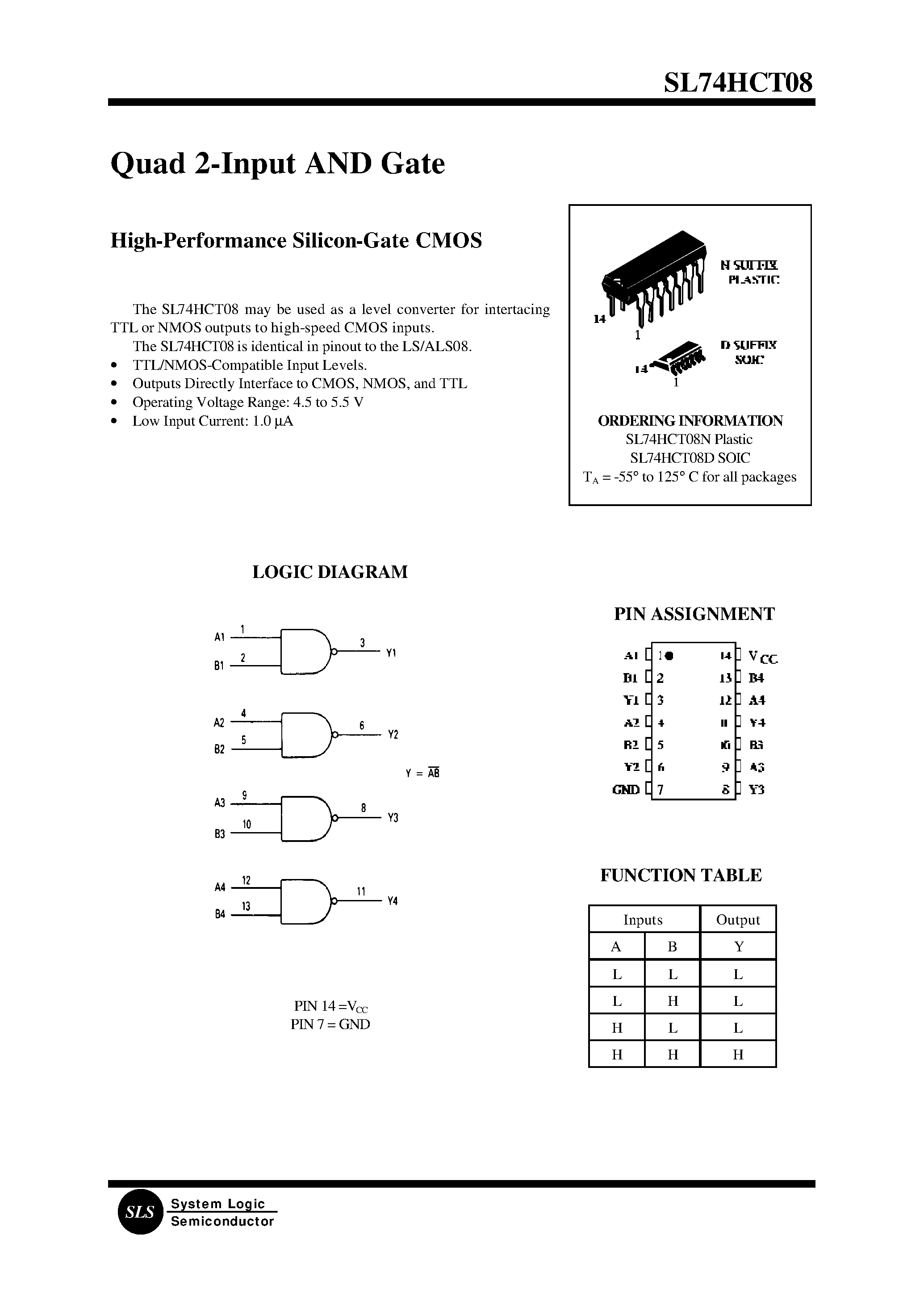 Даташит SL74HCT08 - Quad 2-Input AND Gate(High-Performance Silicon-Gate CMOS) страница 1