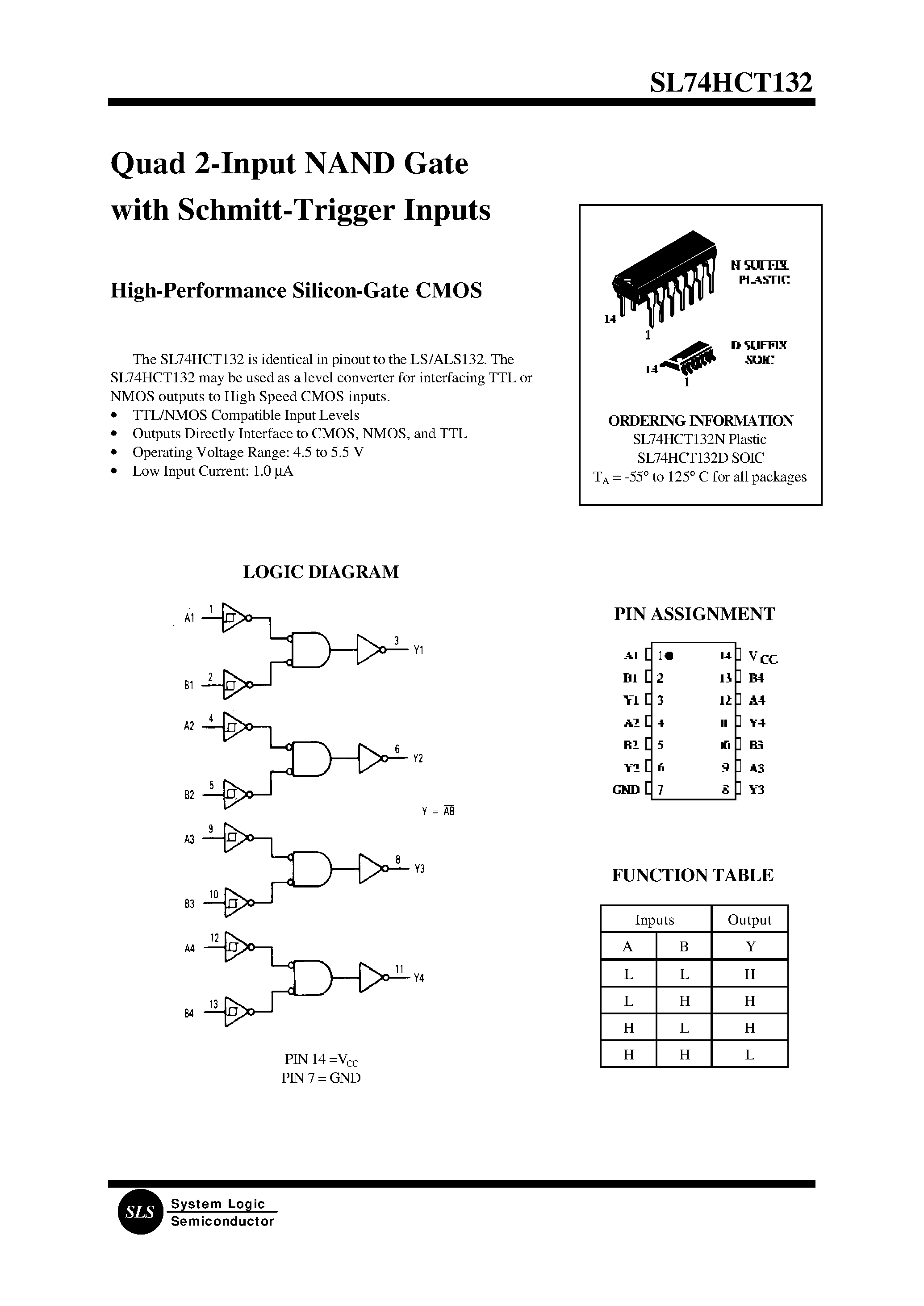 Даташит SL74HCT132 - Quad 2-Input NAND Gate with Schmitt-Trigger Inputs(High-Performance Silicon-Gate CMOS) страница 1