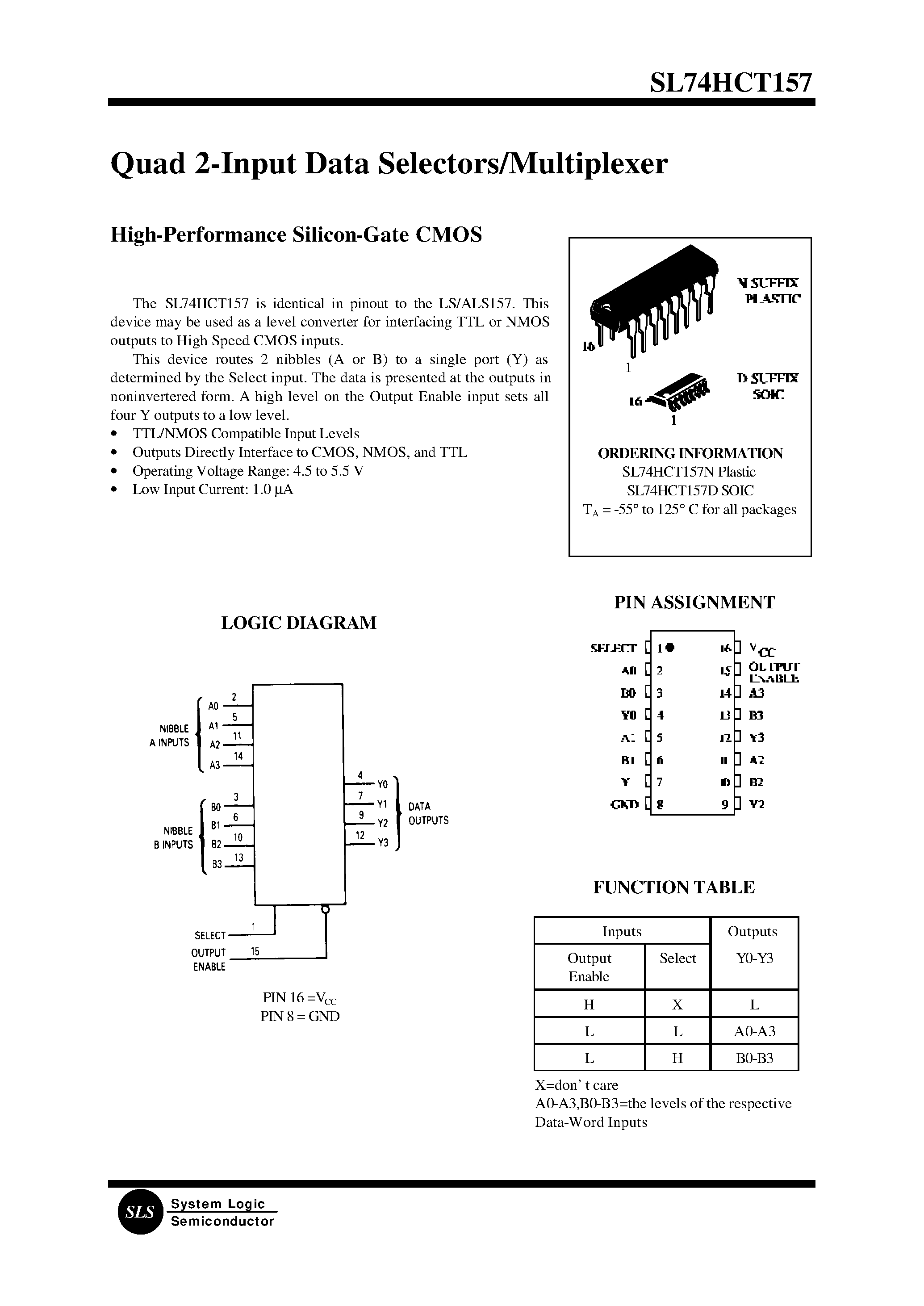 Даташит SL74HCT157 - Quad 2-Input Data Selectors/Multiplexer(High-Performance Silicon-Gate CMOS) страница 1