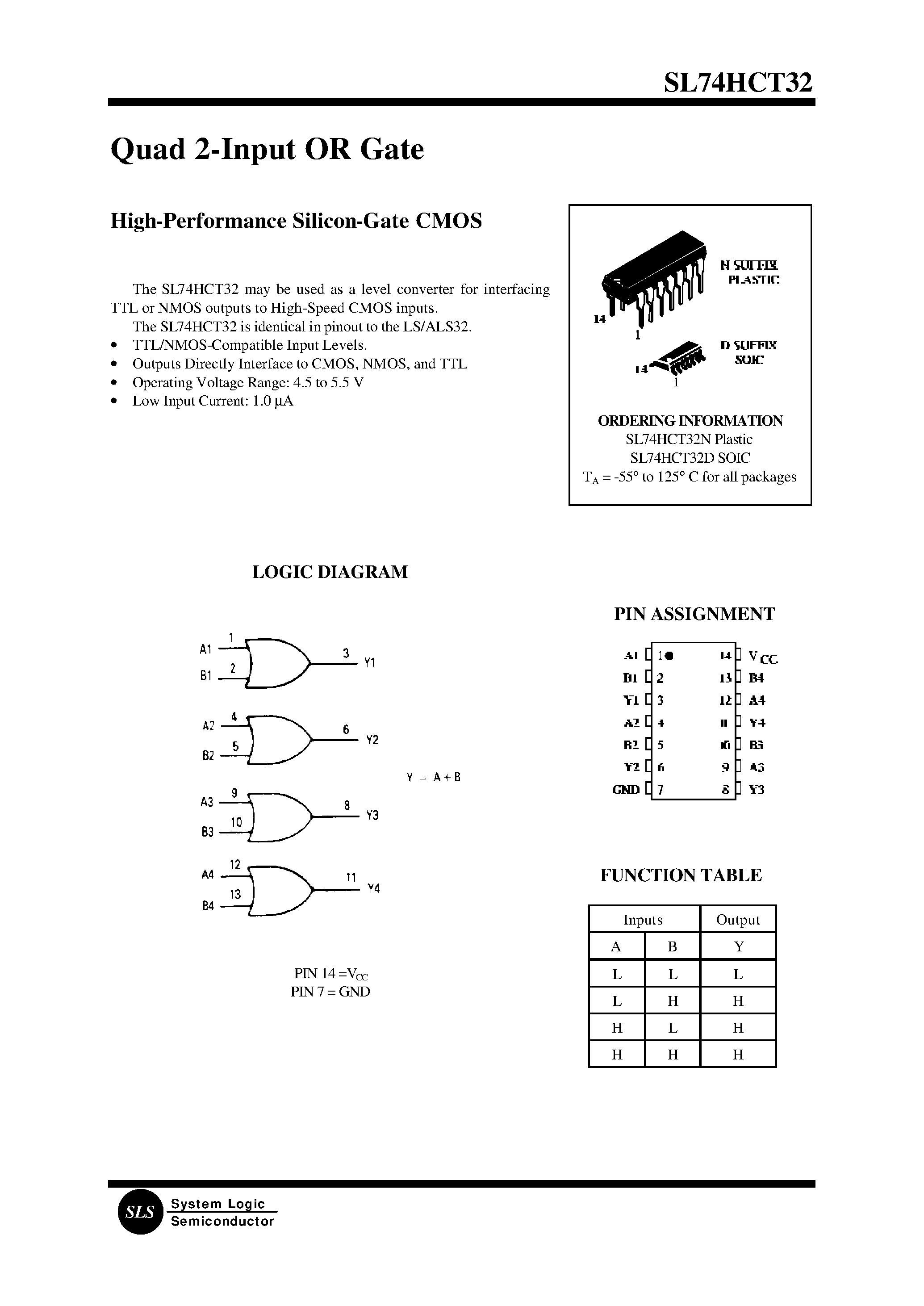 Даташит SL74HCT32 - Quad 2-Input OR Gate(High-Performance Silicon-Gate CMOS) страница 1