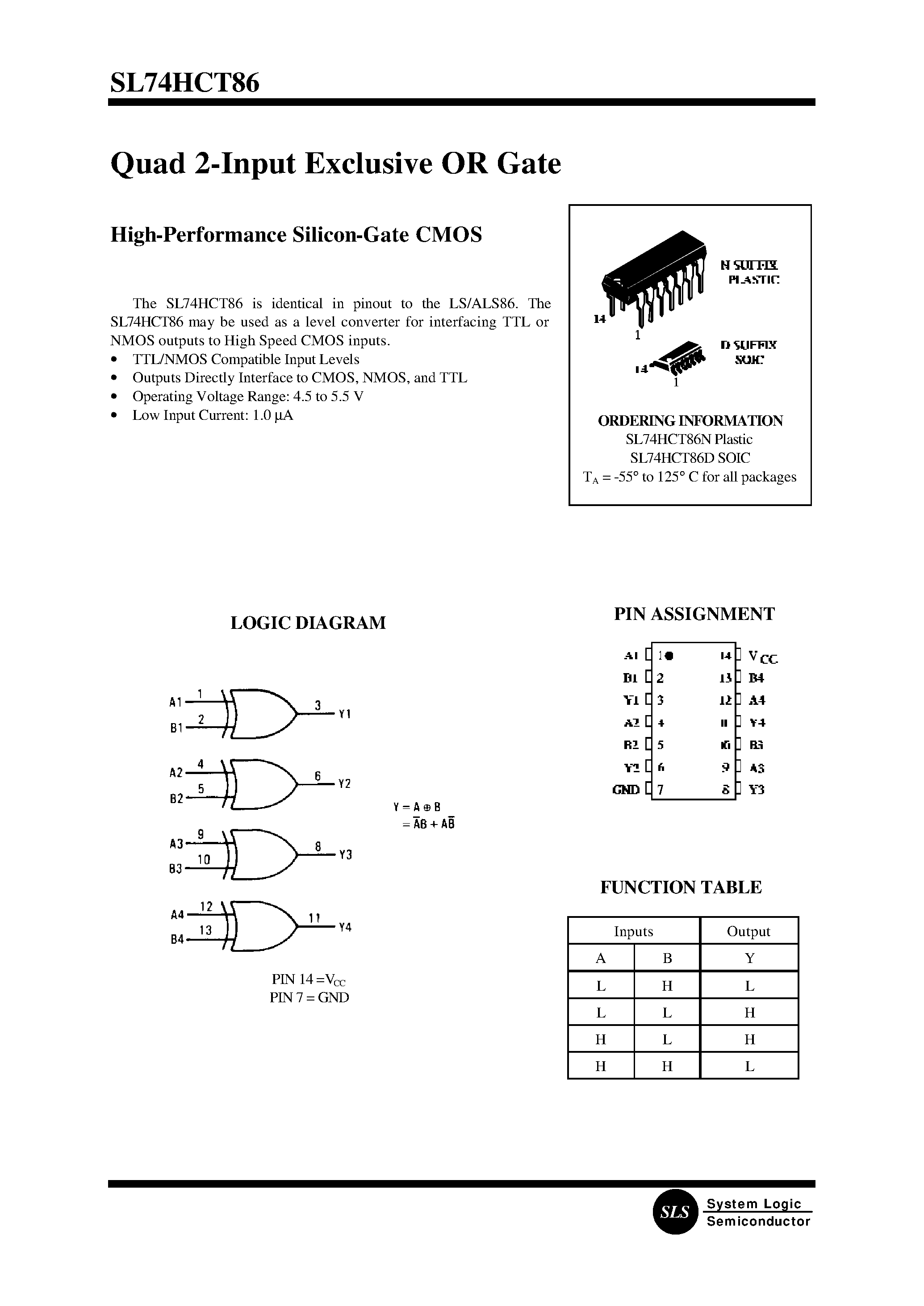 Даташит SL74HCT86 - Quad 2-Input Exclusive OR Gate(High-Performance Silicon-Gate CMOS) страница 1