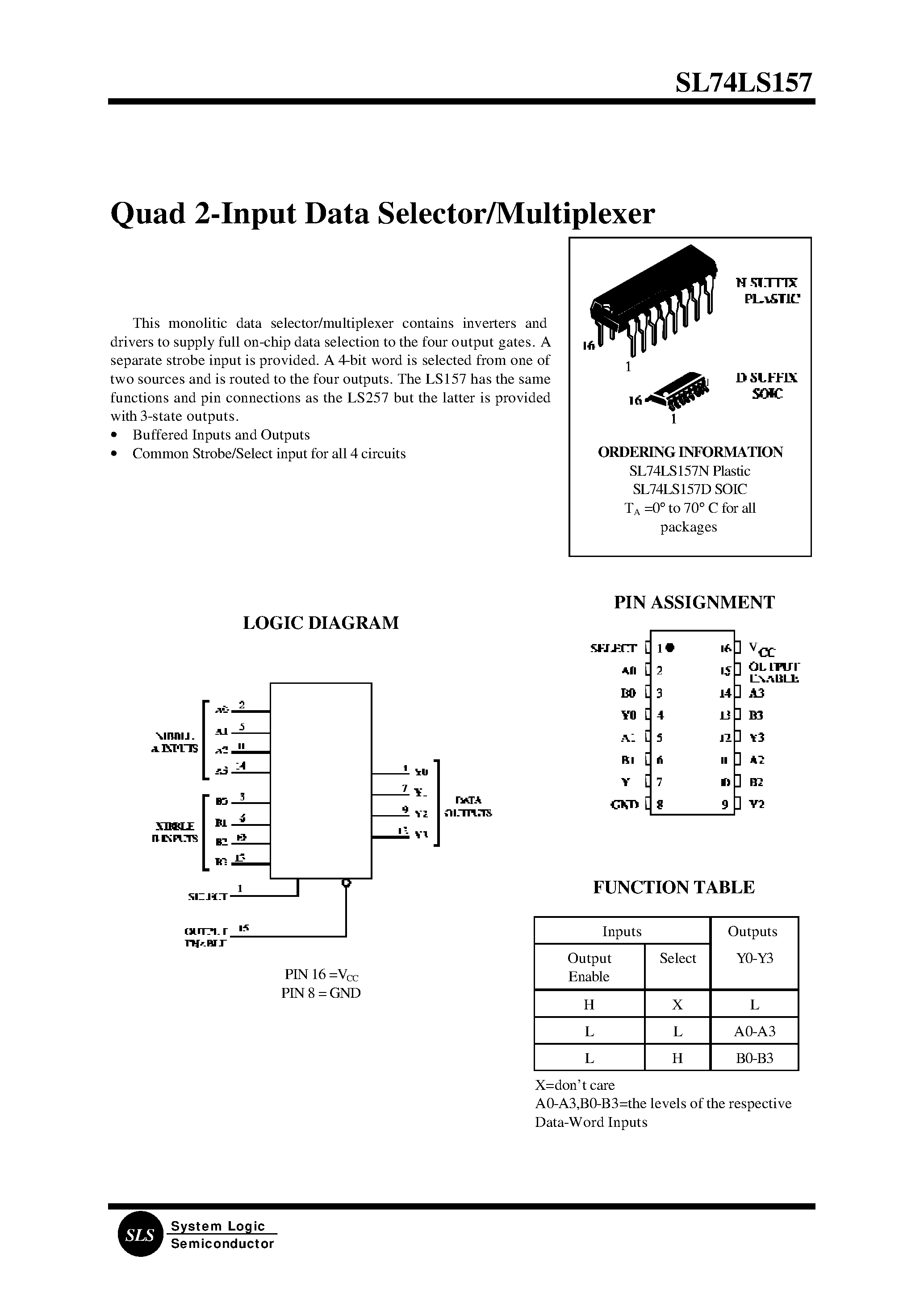 Даташит SL74LS157 - Quad 2-Input Data Selector/Multiplexer страница 1