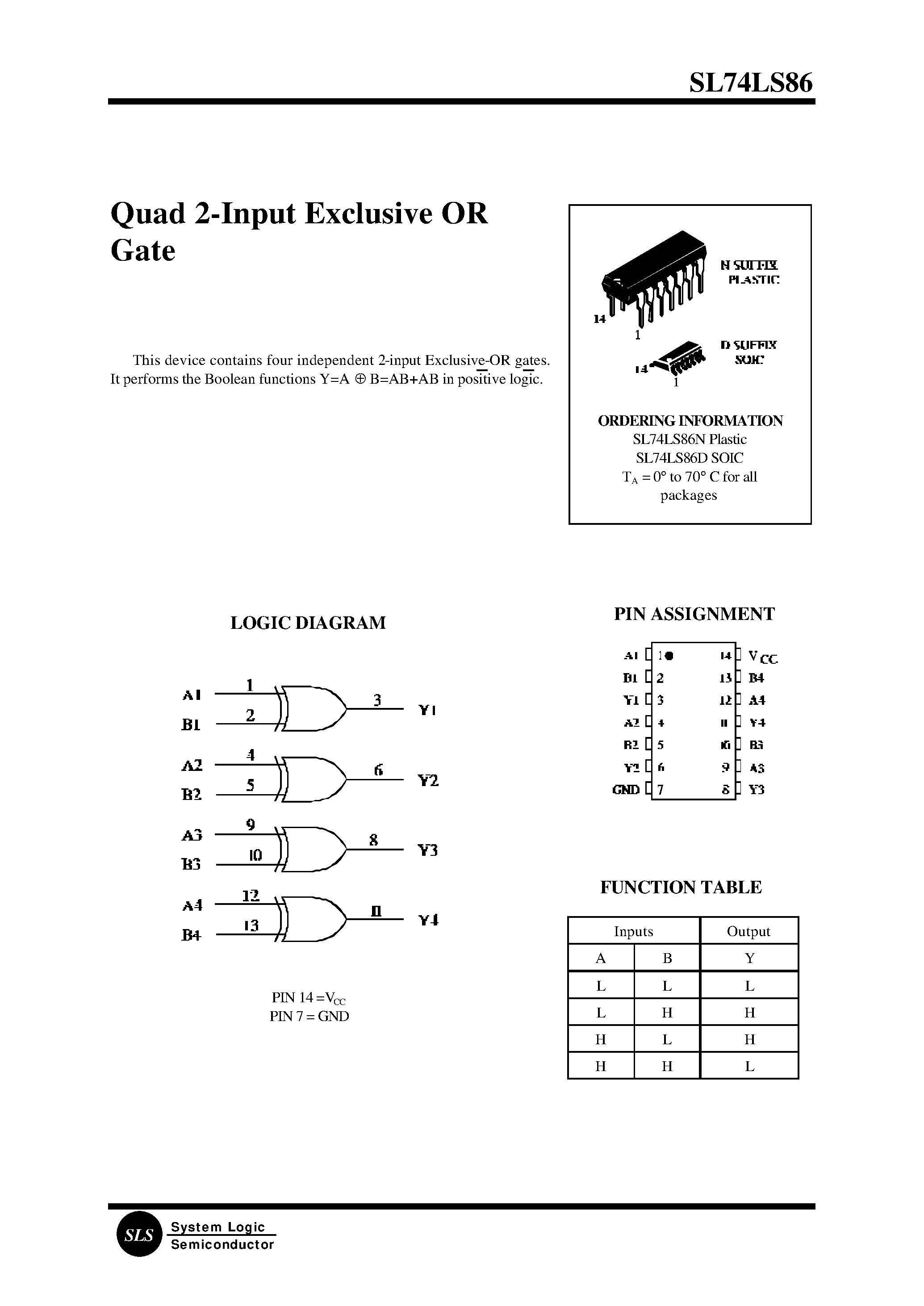 Даташит SL74LS86 - Quad 2-Input Exclusive OR Gate страница 1