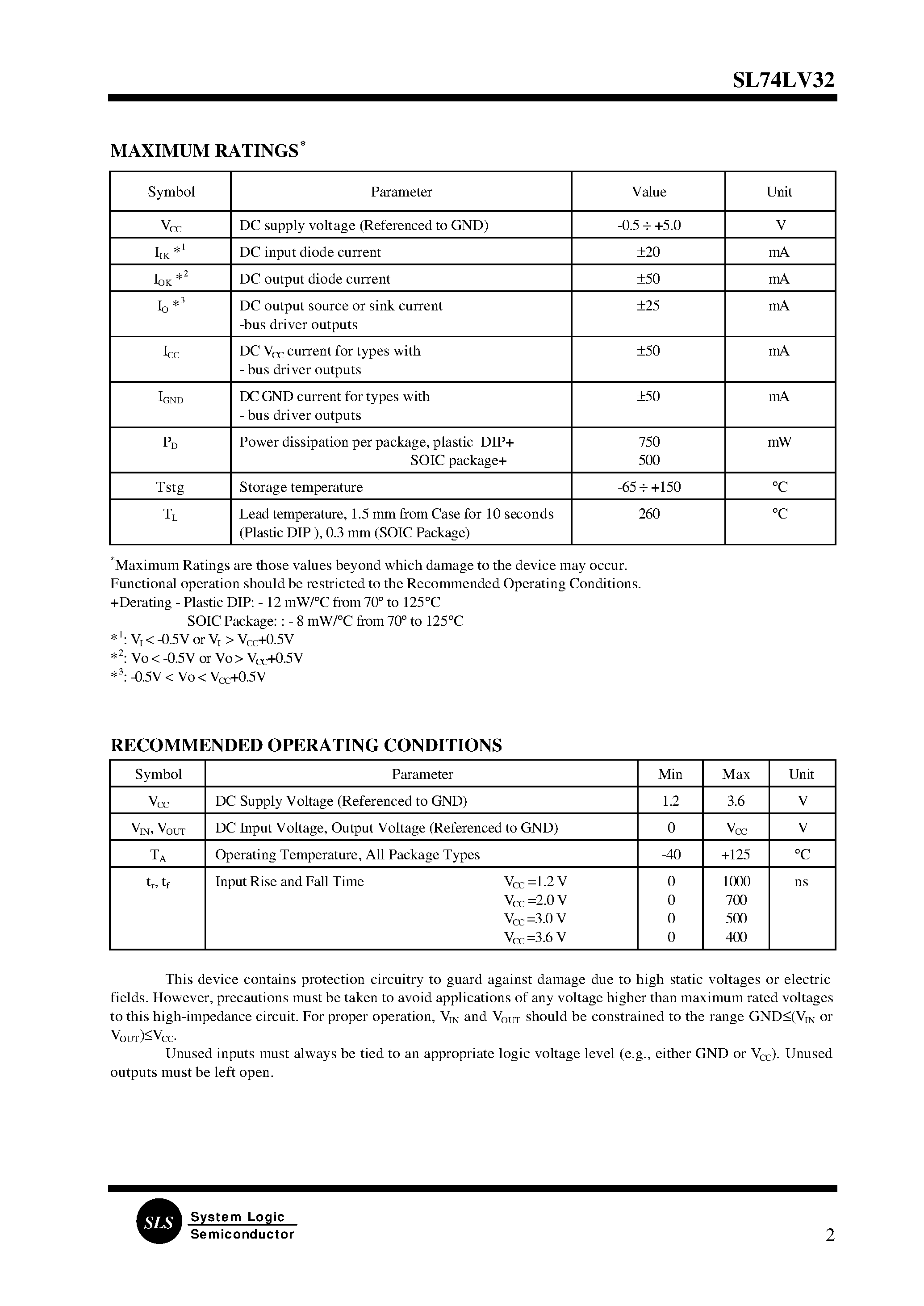 Даташит SL74LV32D - Quad 2-Input OR Gate страница 2