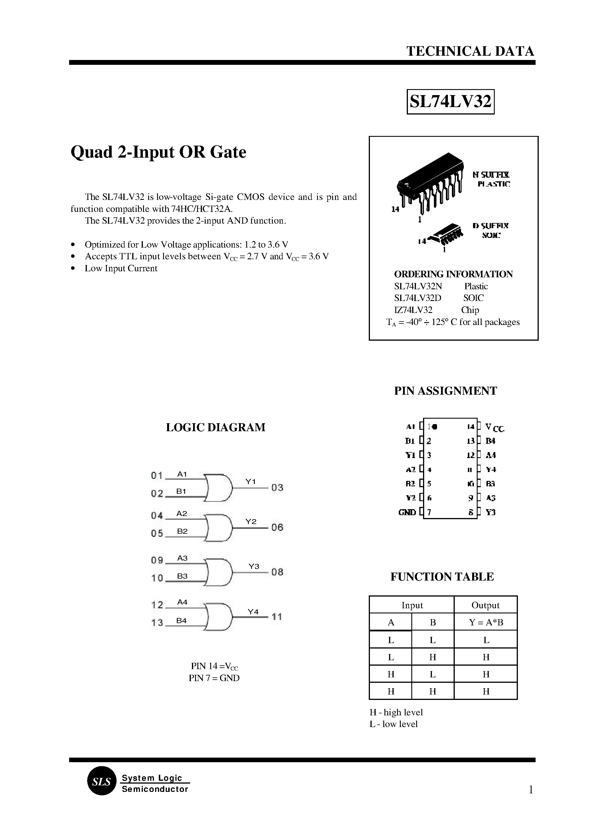 Даташит SL74LV32N - Quad 2-Input OR Gate страница 1