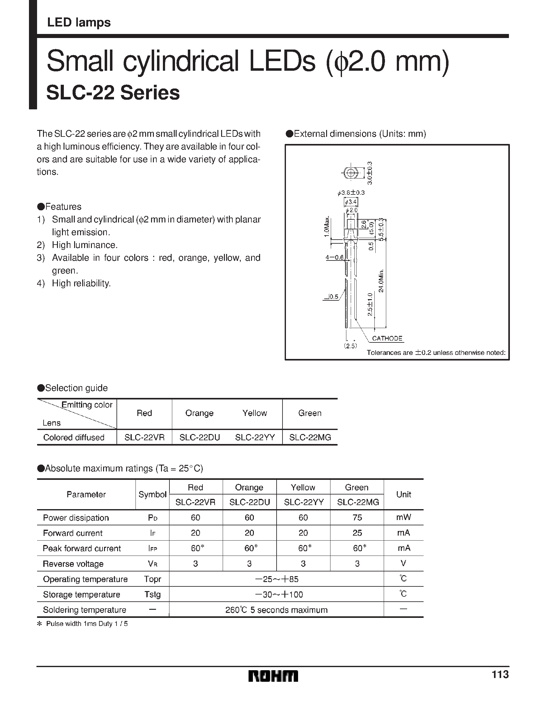 Даташит SLC-22 - Small cylindrical LEDs (2.0 mm) страница 1