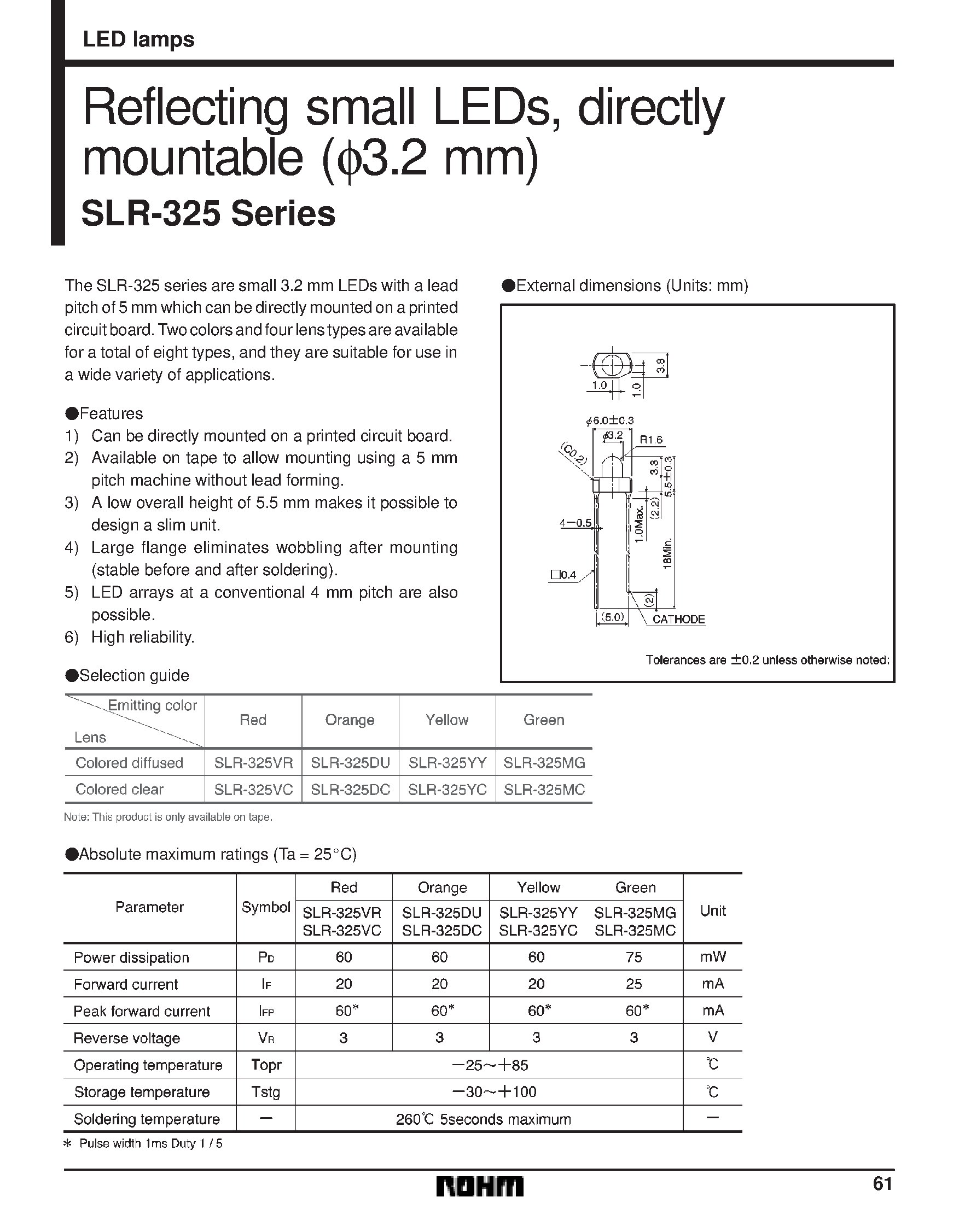 Даташит SLR-325 - Reflecting small LEDs/ directly mountable (3.2 mm) страница 1