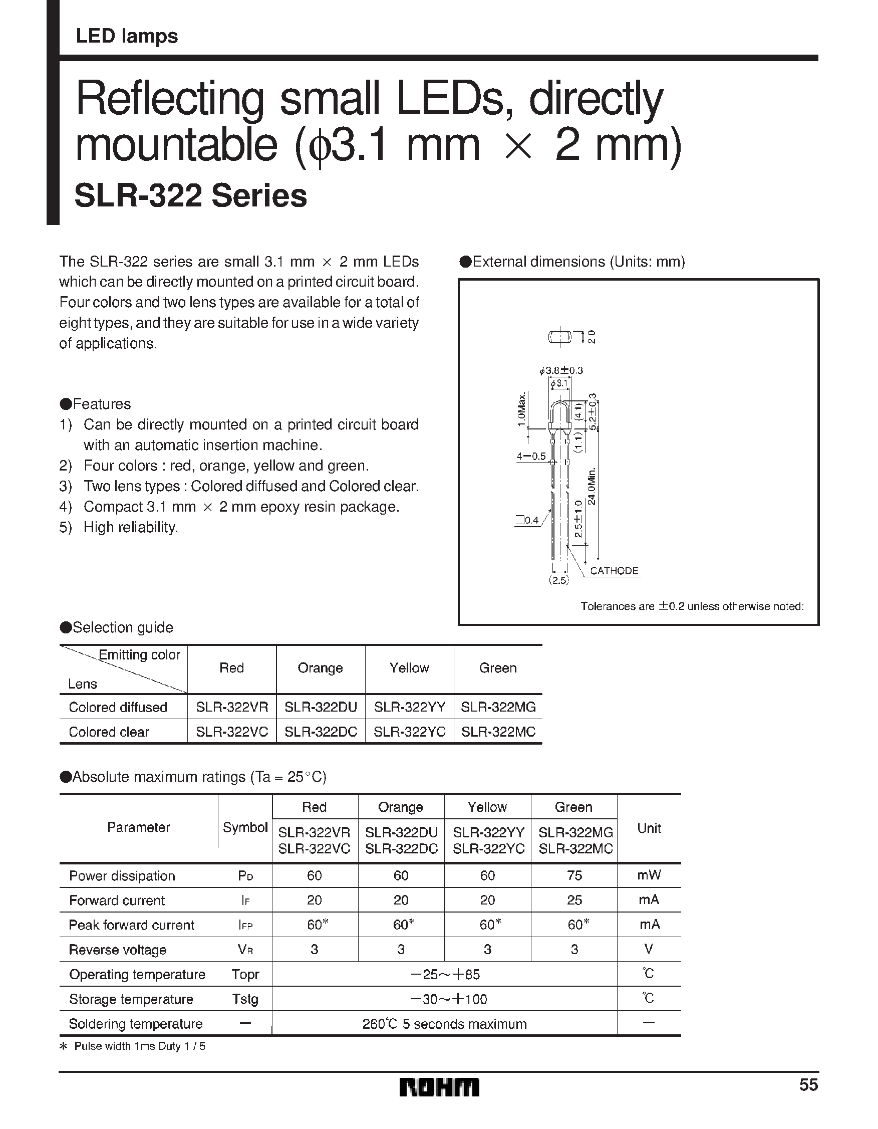 Даташит SLR-332 - Reflecting small LEDs/ wide viewing angle and directly mountable (3.2 mm) страница 1