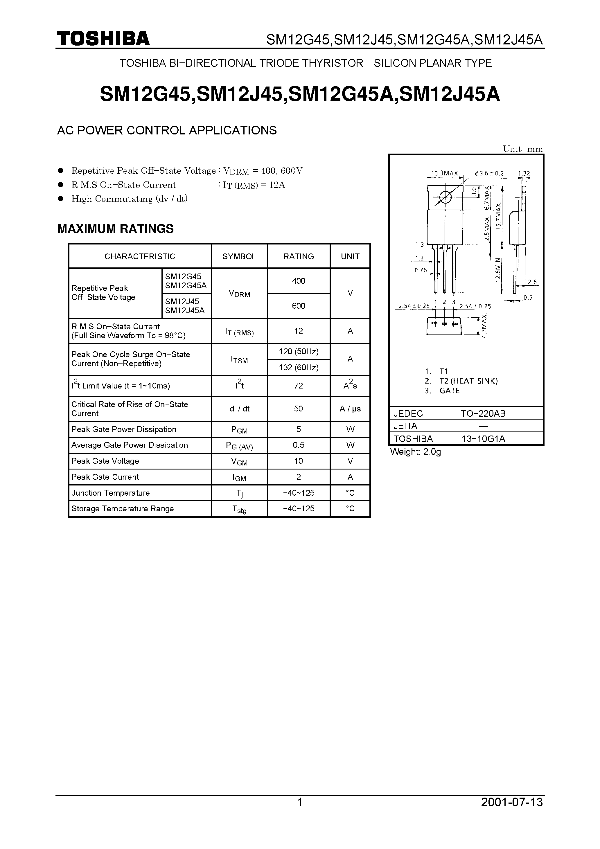 Даташит SM12J45 - TOSHIBA BI&#8722;DIRECTIONAL TRIODE THYRISTOR SILICON PLANAR TYPE страница 1