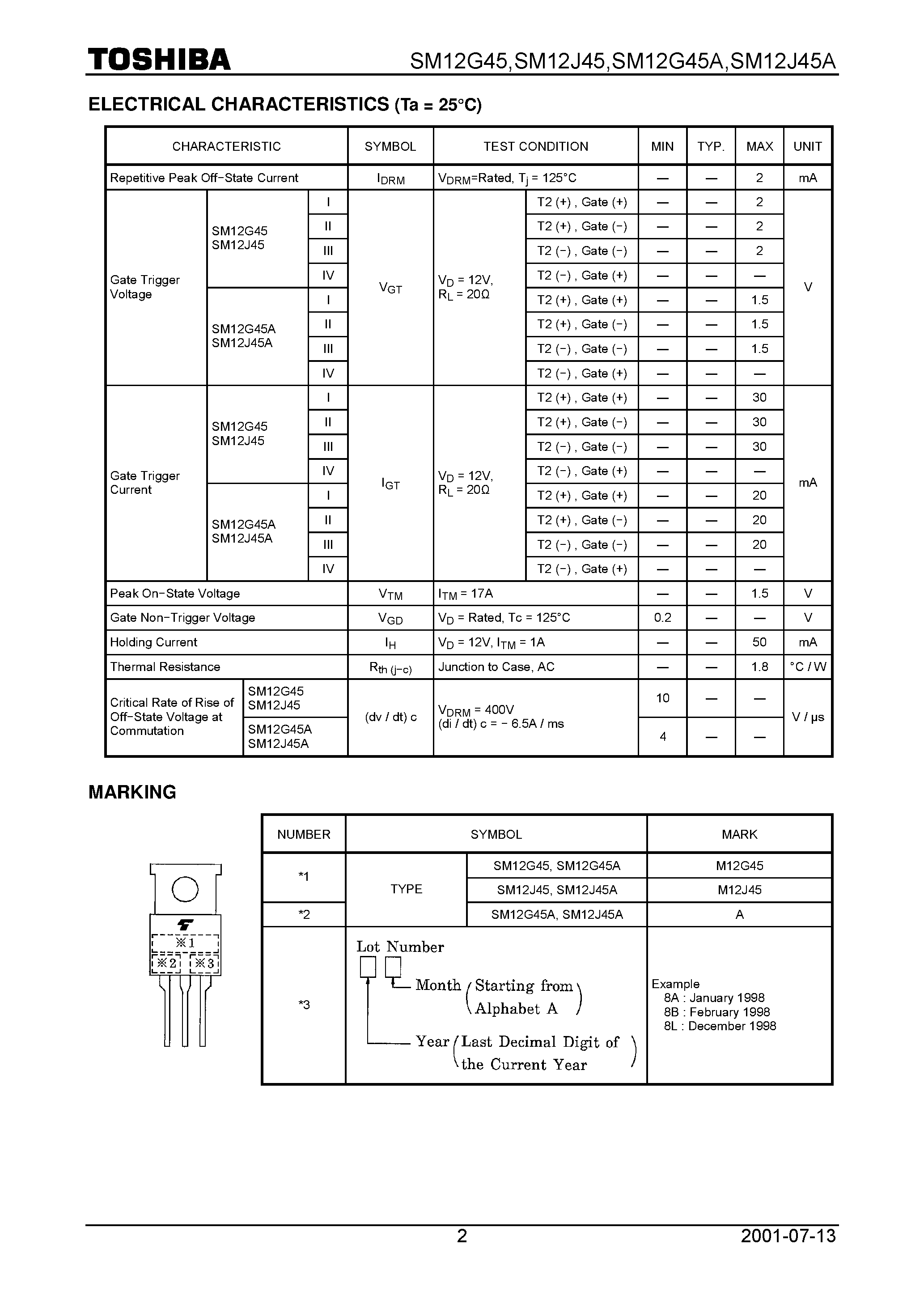 Даташит SM12J45 - TOSHIBA BI&#8722;DIRECTIONAL TRIODE THYRISTOR SILICON PLANAR TYPE страница 2