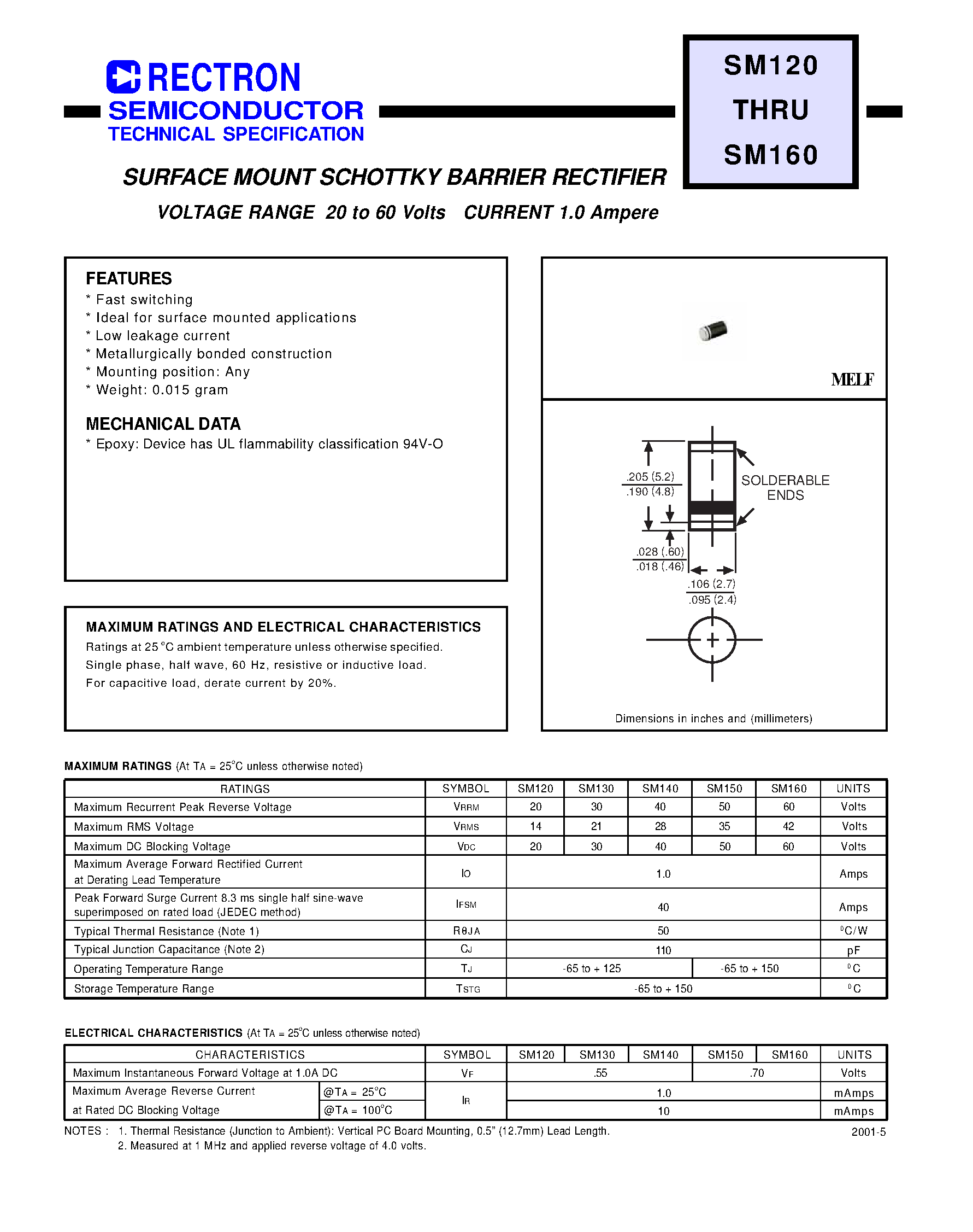 Даташит SM140 - SURFACE MOUNT SCHOTTKY BARRIER RECTIFIER (VOLTAGE RANGE 20 to 60 Volts CURRENT 1.0 Ampere) страница 1