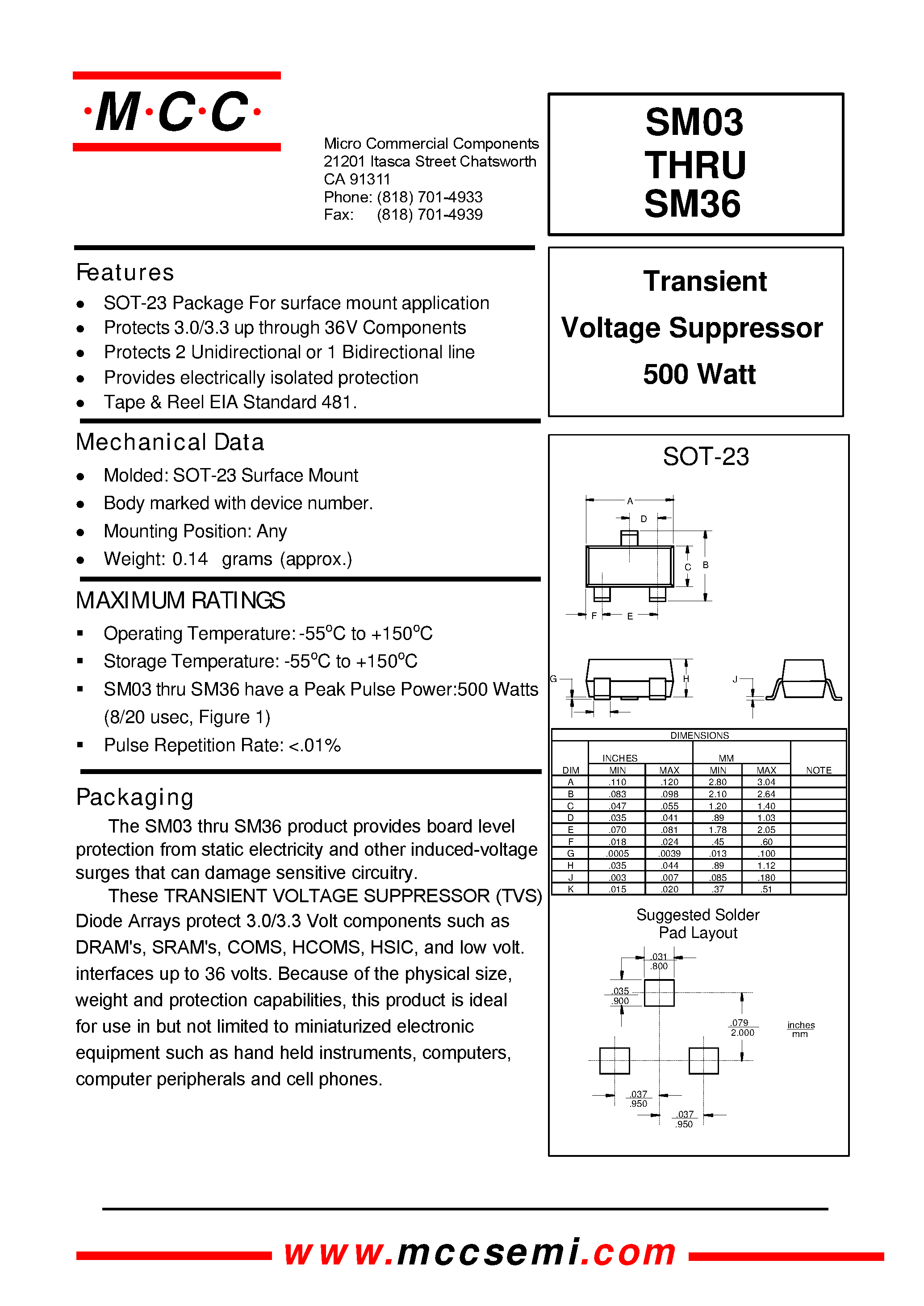 Даташит SM15 - Transient Voltage Suppressor 500 Watt страница 1