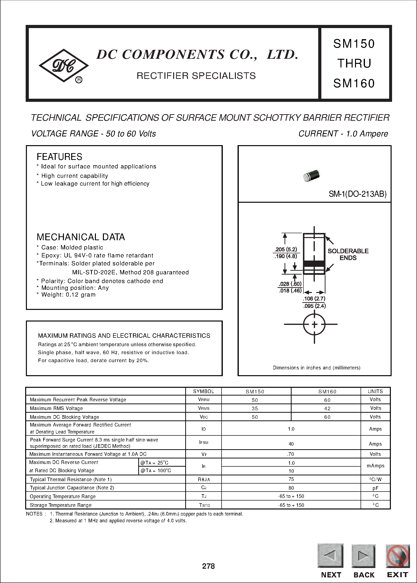 Datasheet SM150 - TECHNICAL SPECIFICATIONS OF SURFACE MOUNT SCHOTTKY BARRIER RECTIFIER page 1