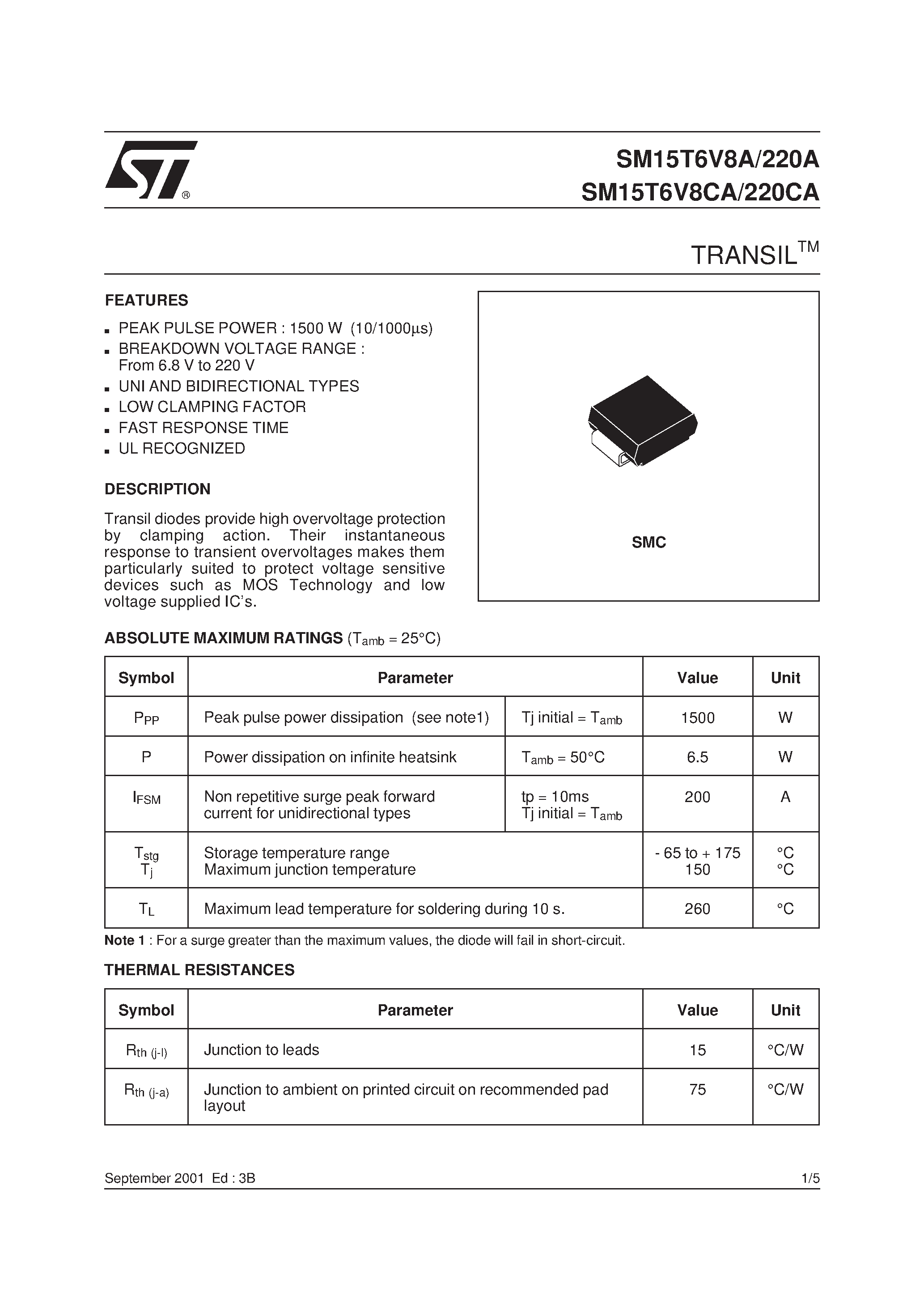 Datasheet SM15T10CA - TRANSILTM page 1