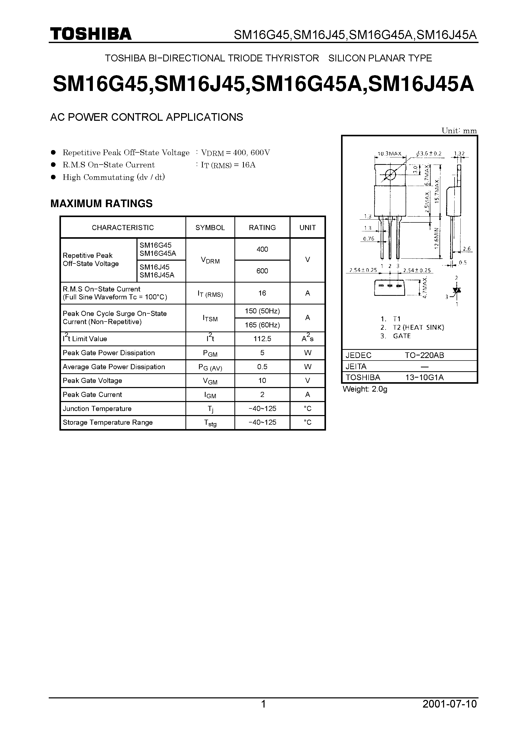 Datasheet SM16G45 - AC POWER CONTROL APPLICATIONS page 1